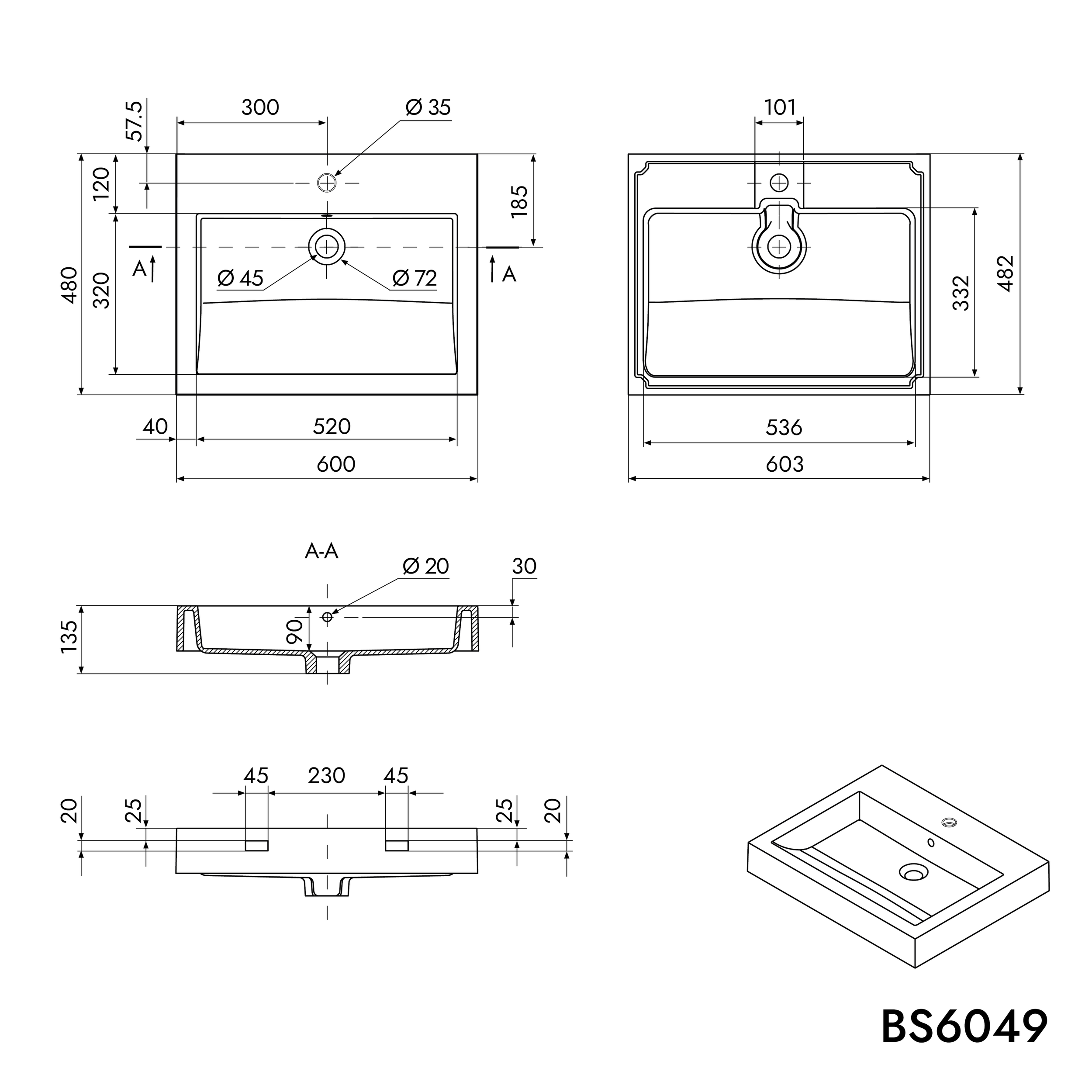 Wastafel voor wandmontage Aanrecht BS6049