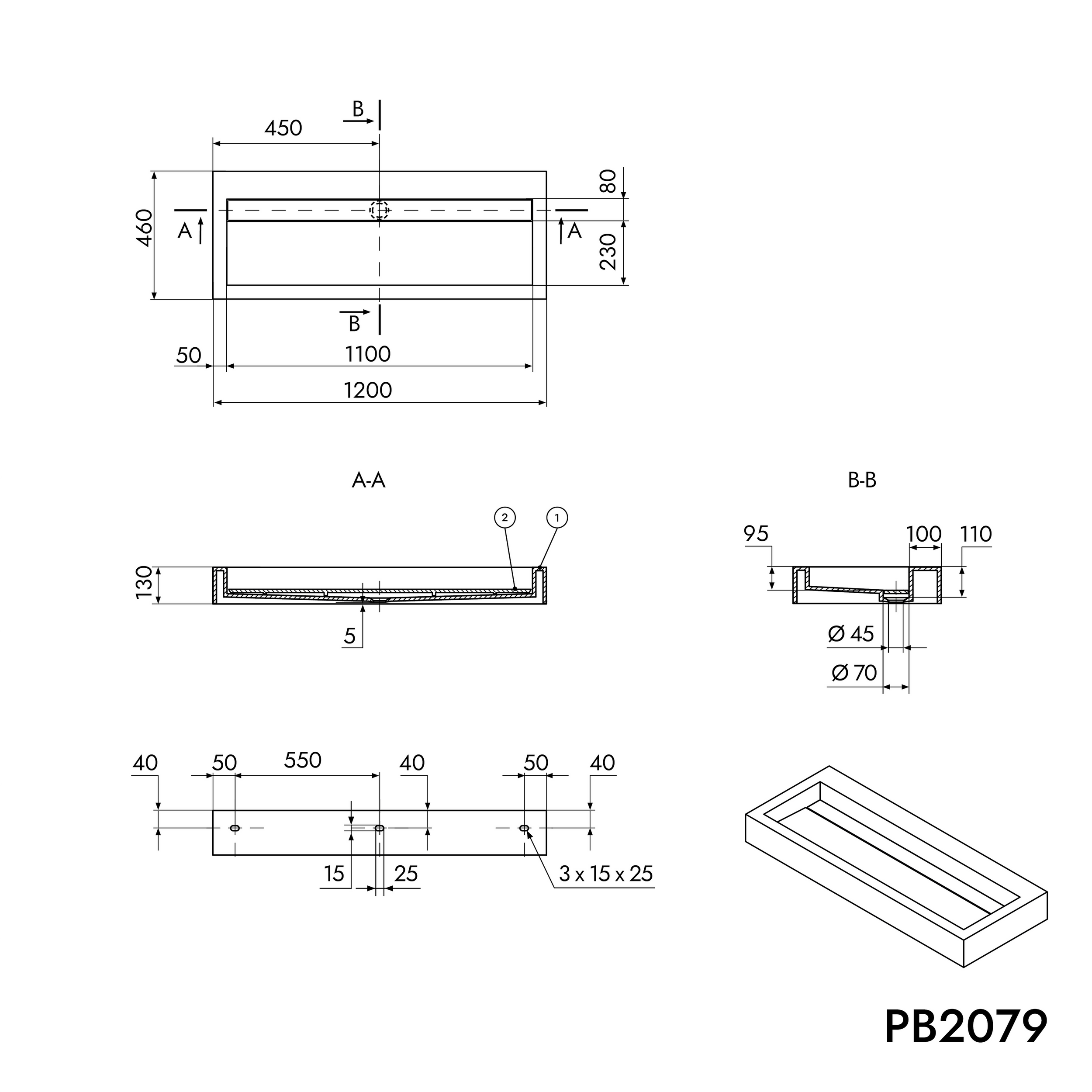 Opbouw waskom PB2079 hangende wastafel van massief steen