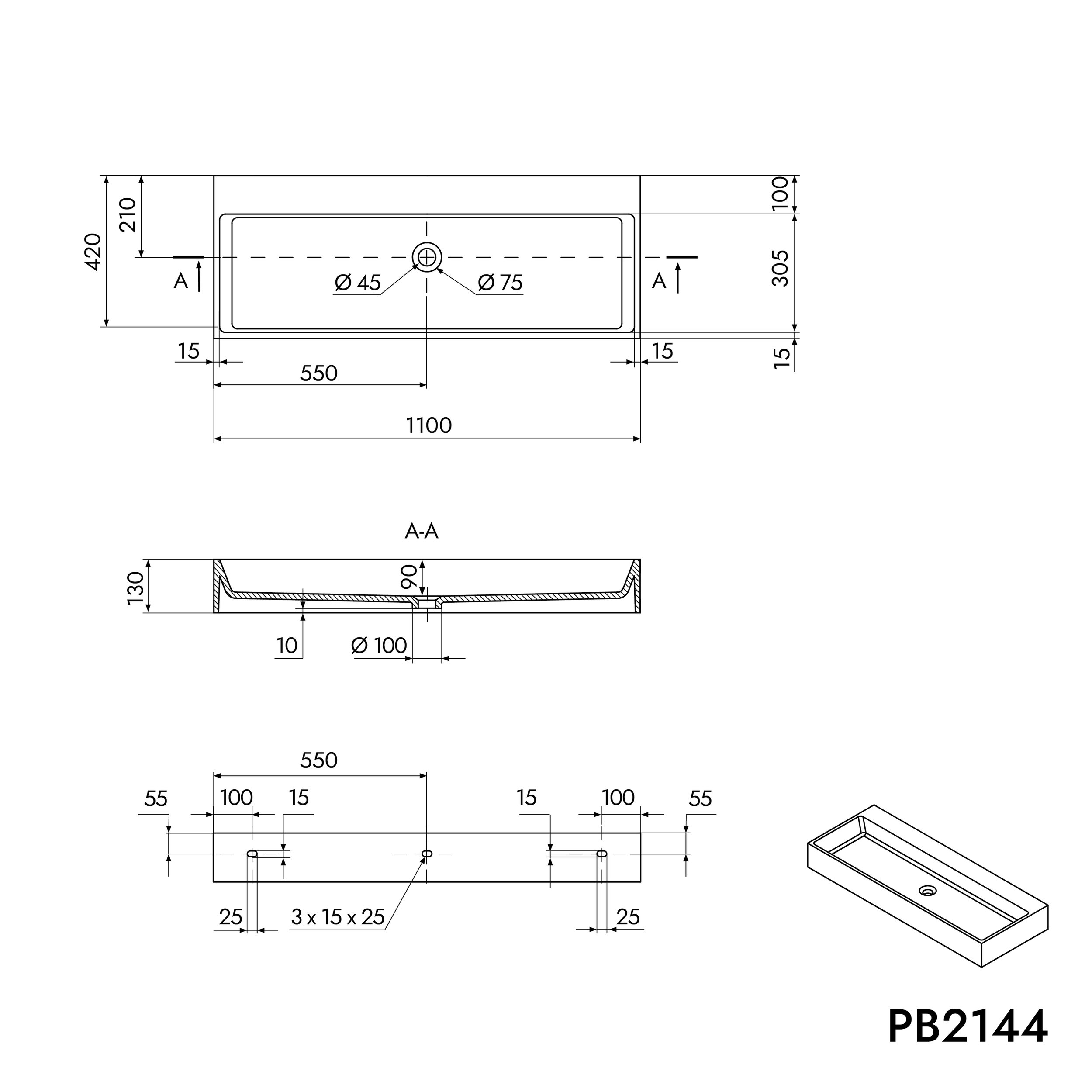 Opzetwaskom of hangende wastafel PB2144-1