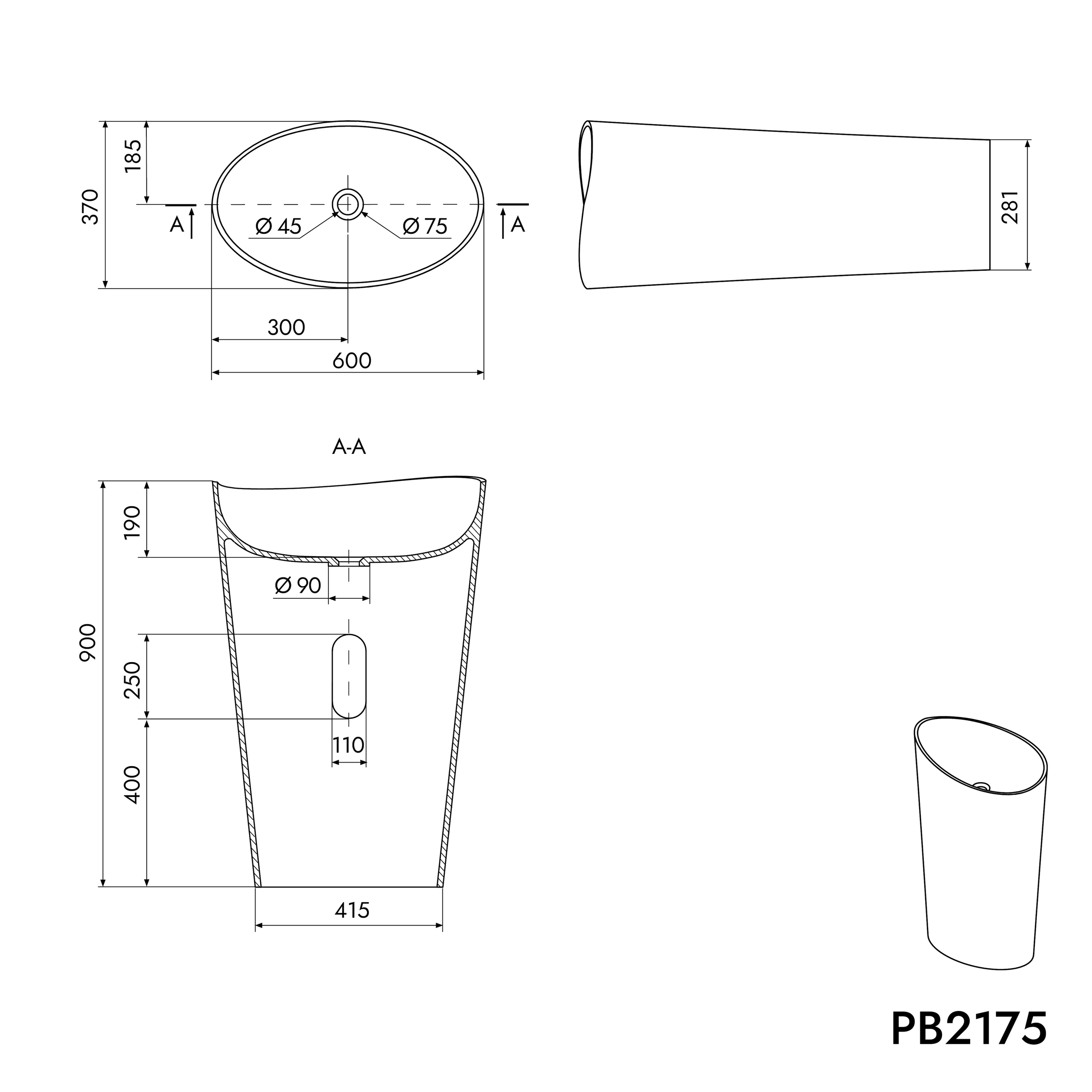 Vrijstaande wastafel PB2175 WAVE