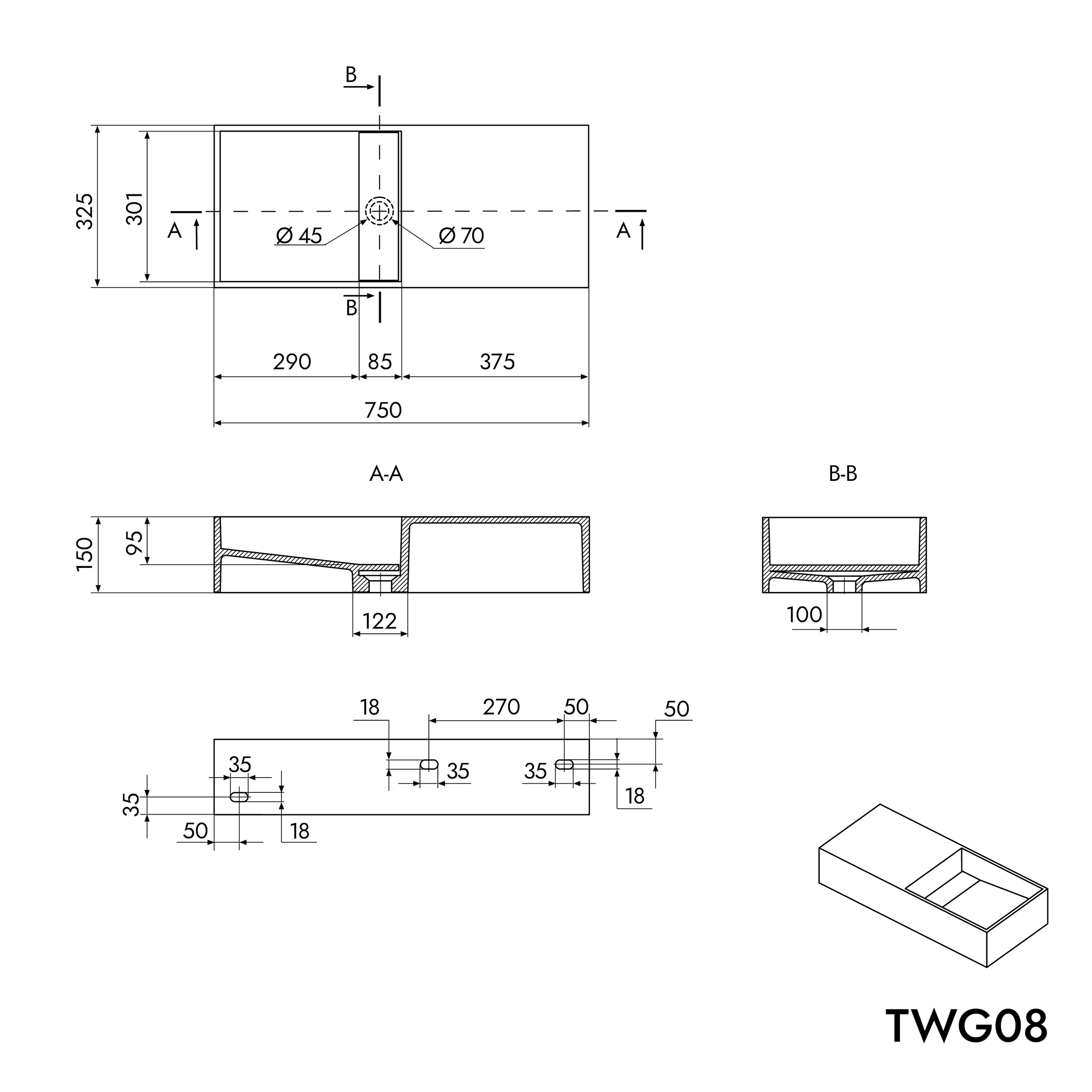 TWG08 wandwastafel in mineraal gietwerk