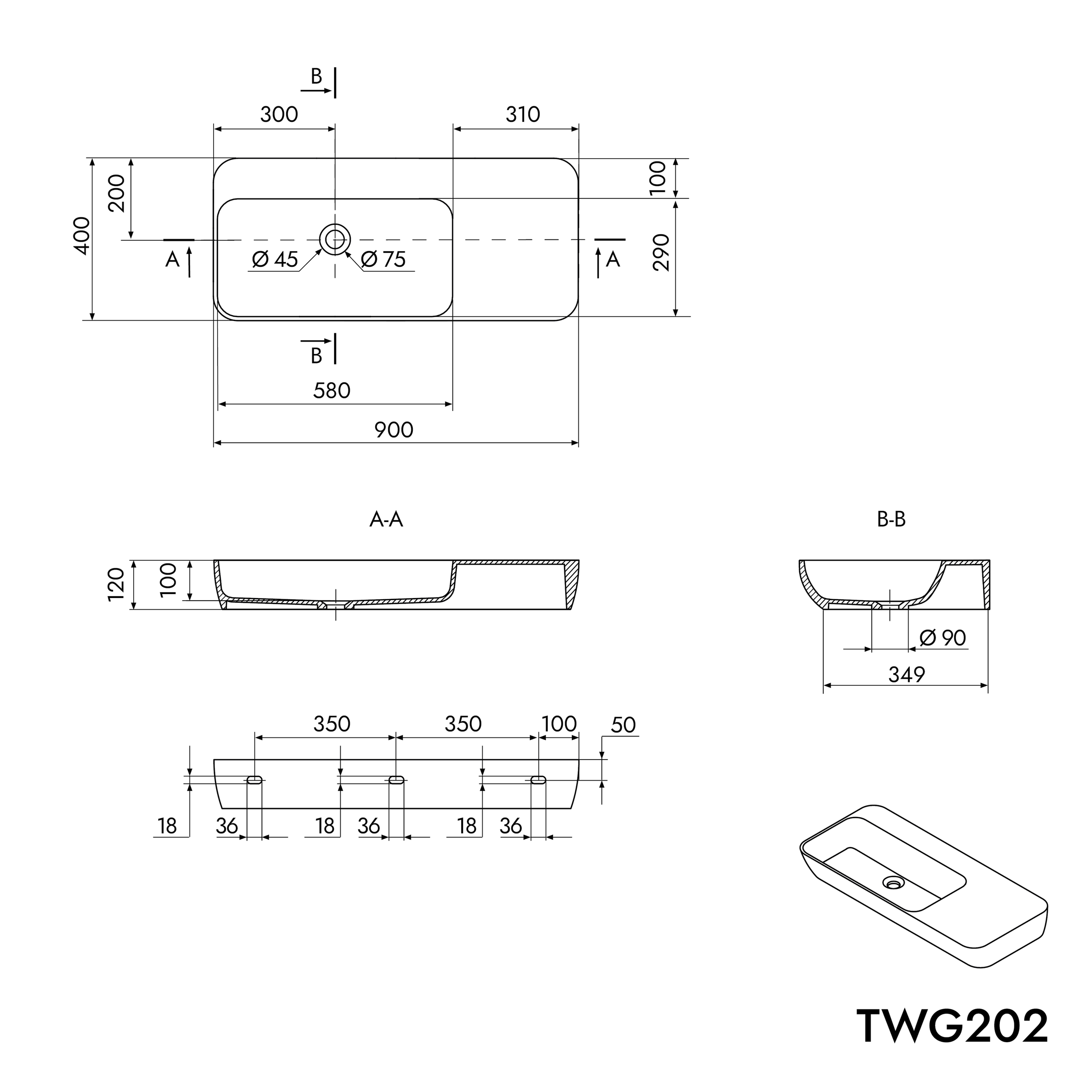 Hangende wastafel TWG202 - Mineraal gegoten