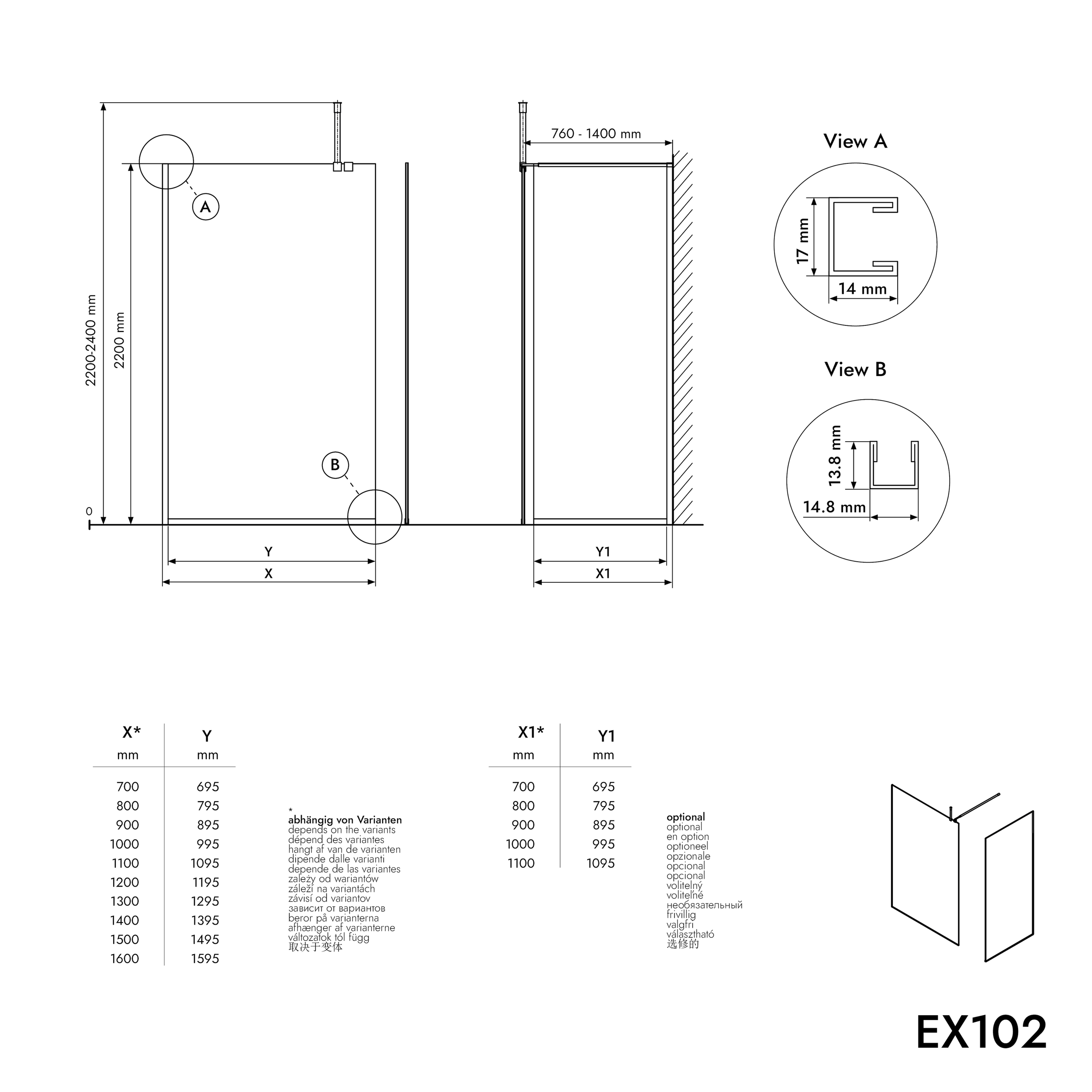 Parois de douche à l'italienne EX102 - Verre nano 10 mm