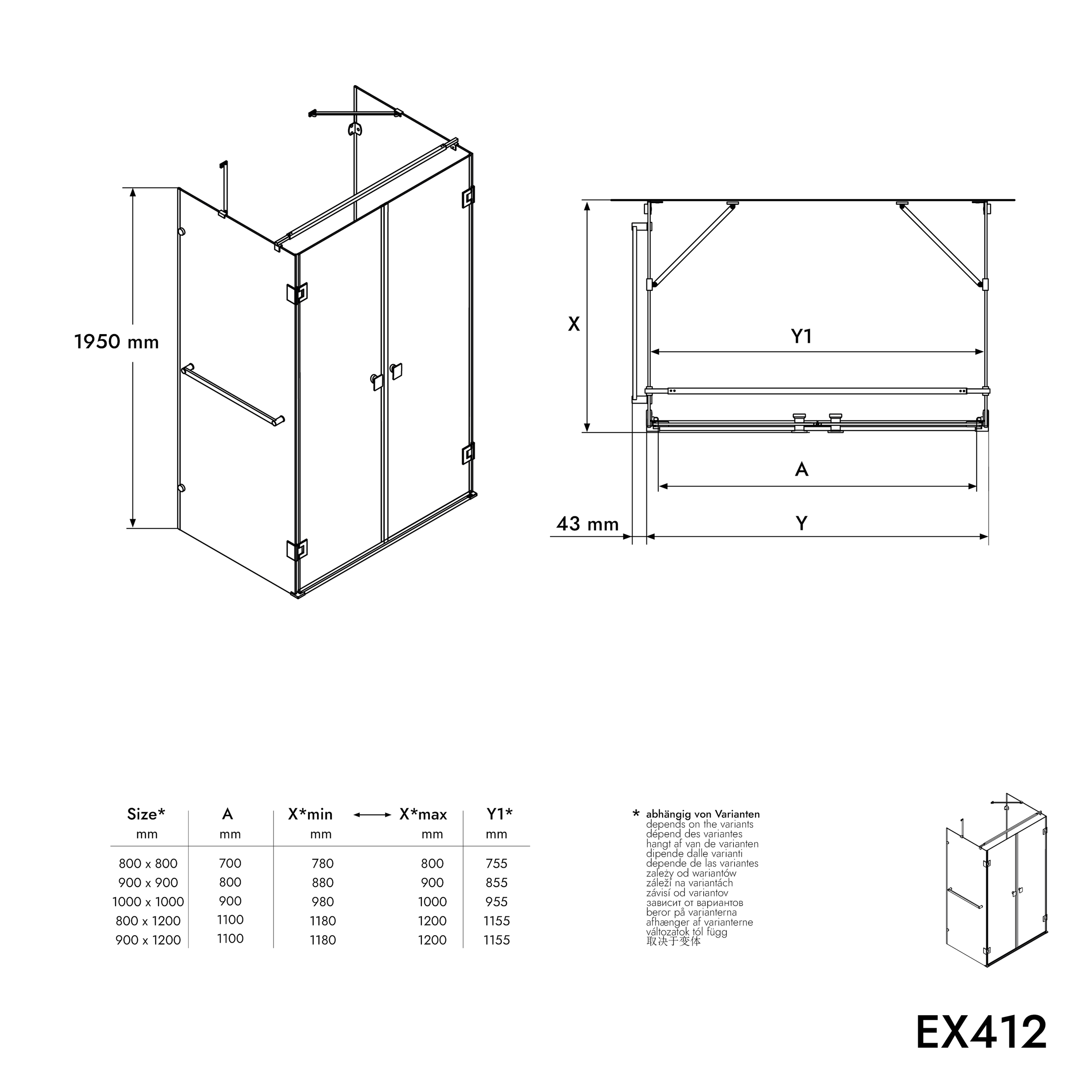 Douchecabine EX412 in U-vorm met vleugeldeuren - 8 mm - Nano echt glas - 120 x 80 x 195 cm - Handdoekstang