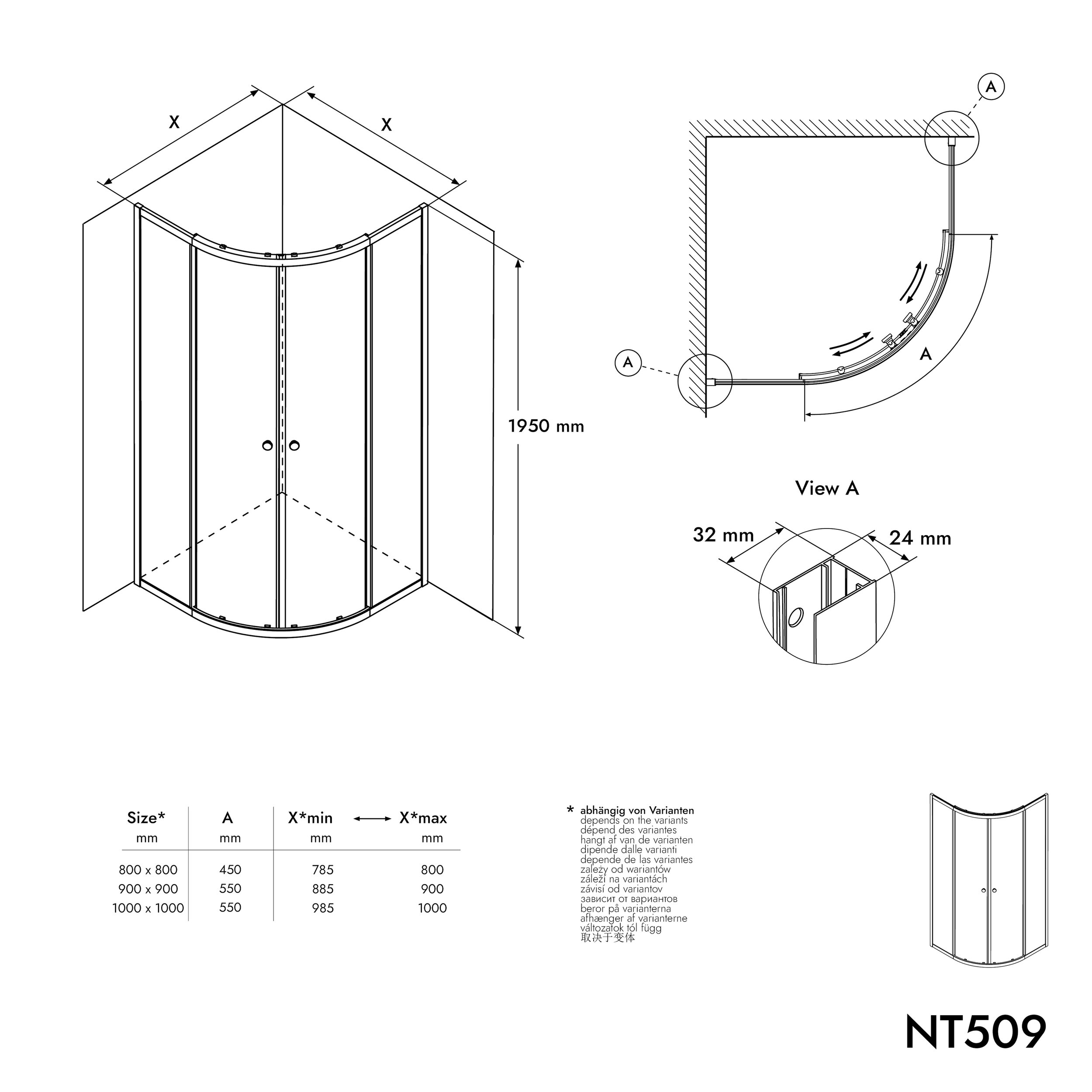 Paroi de douche ronde NT509 avec portes coulissantes