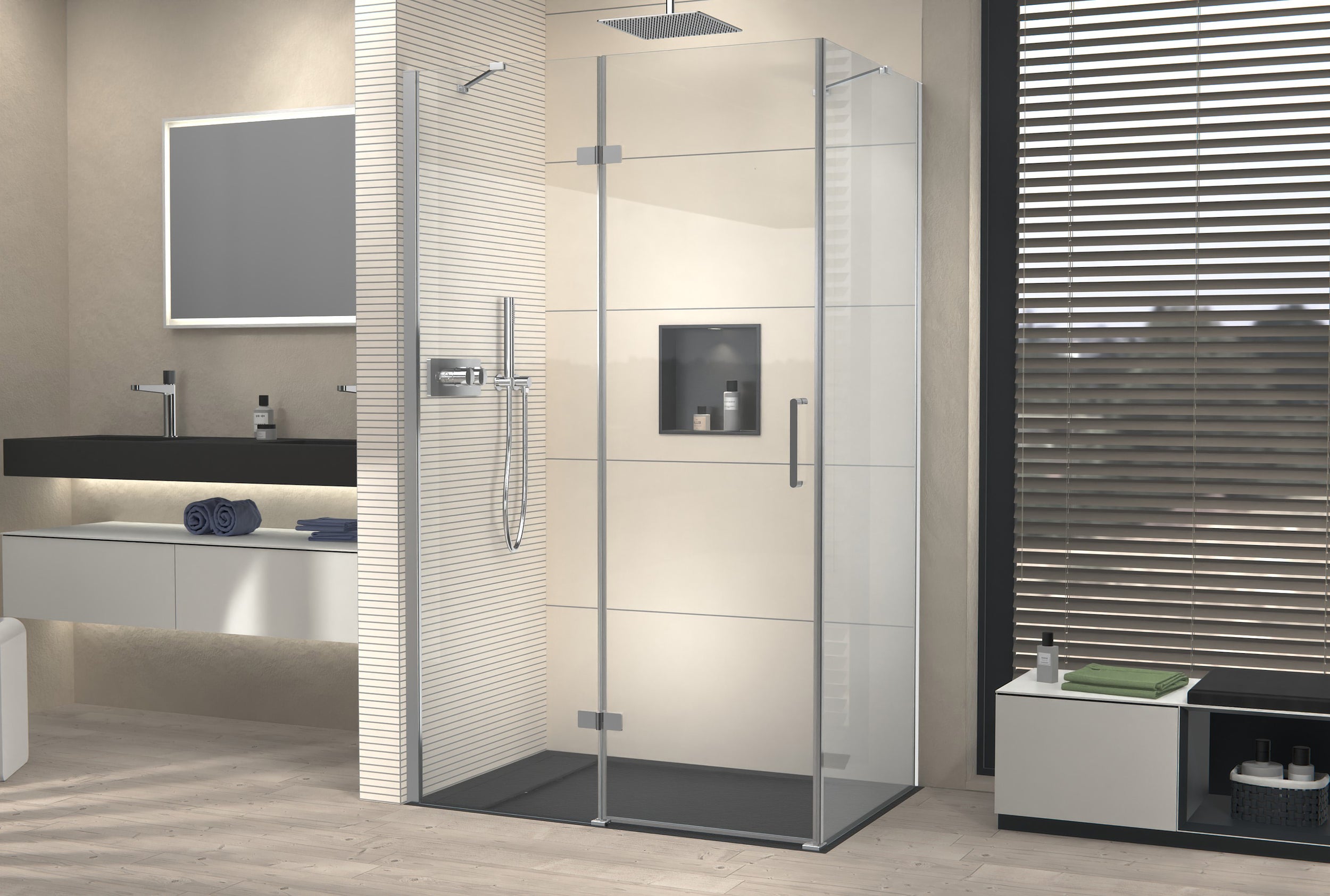 Cabine d’angle avec porte pivotante sur panneau fixe NT403