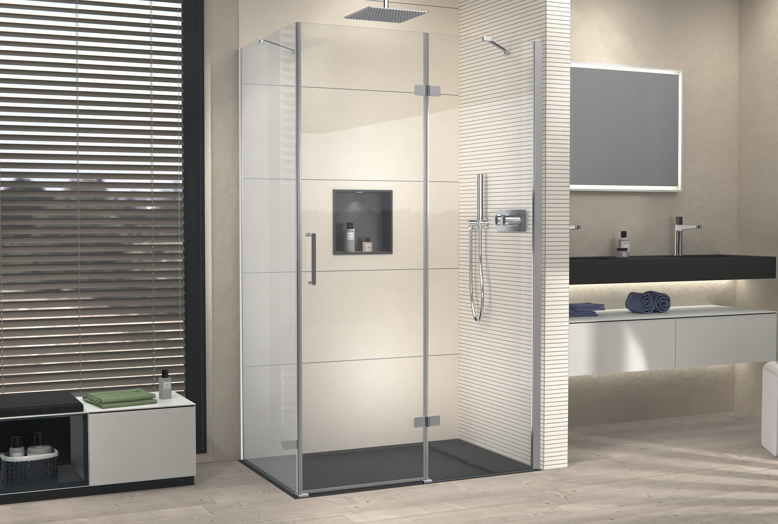 Corner shower with revolving door on fixed panel NT403