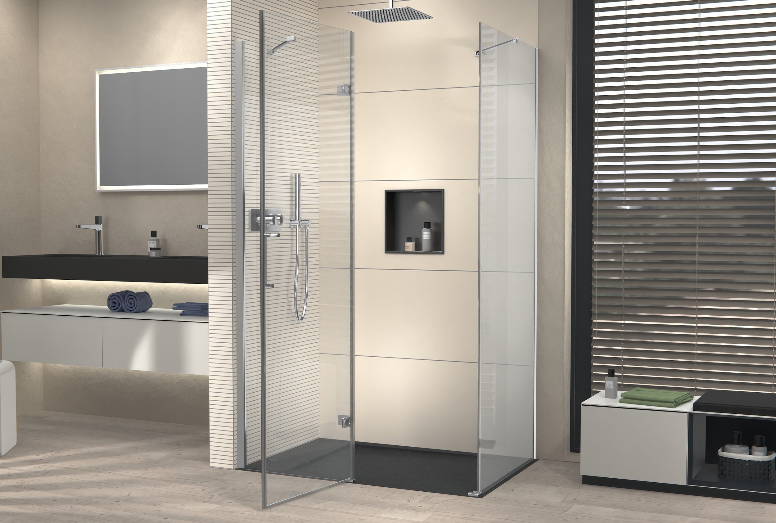 Cabine d’angle avec porte pivotante sur panneau fixe NT403