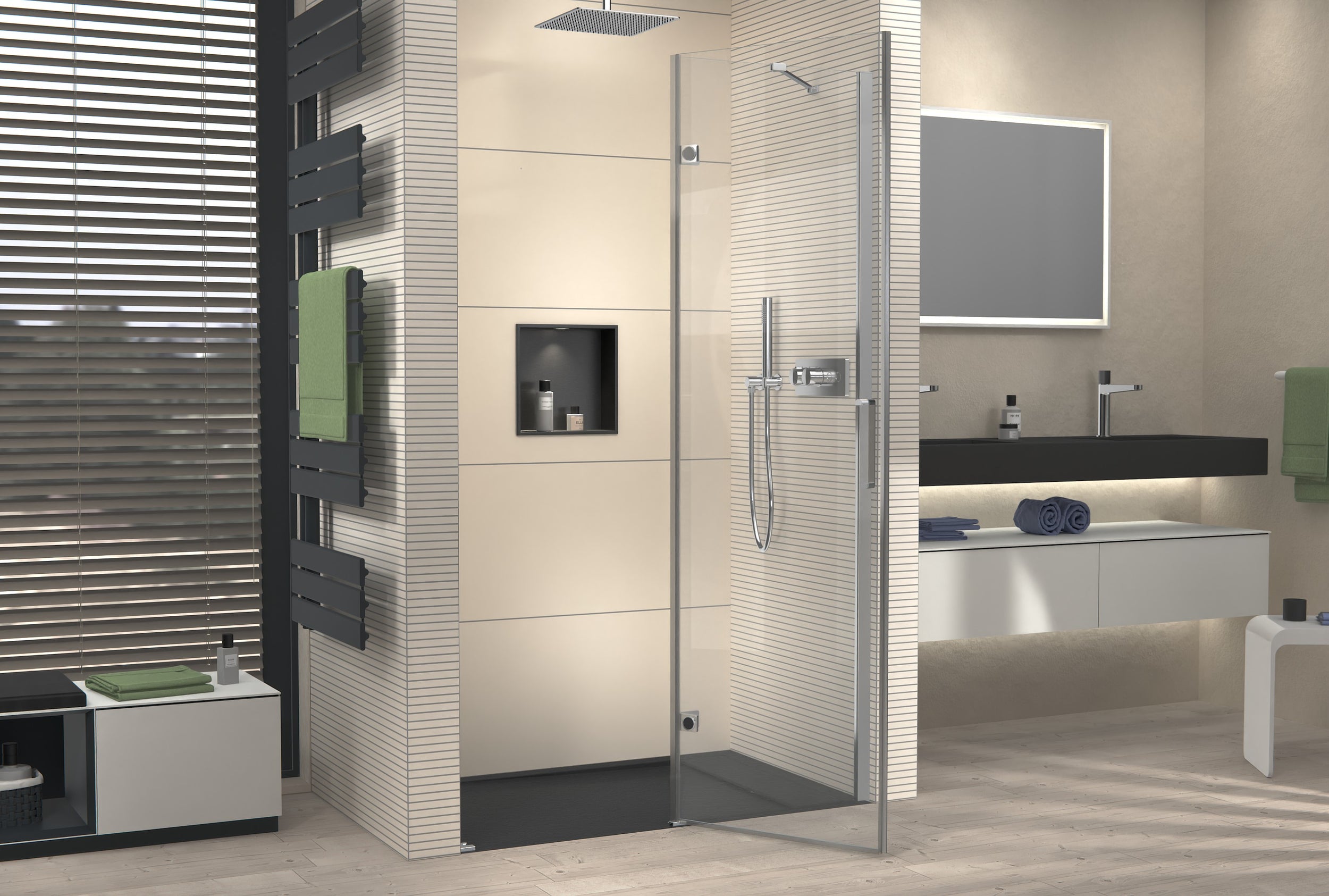 Niche shower with revolving door on fixed panel NT403 - 8 mm nano clear glass - door hinge RIGHT - width selectable