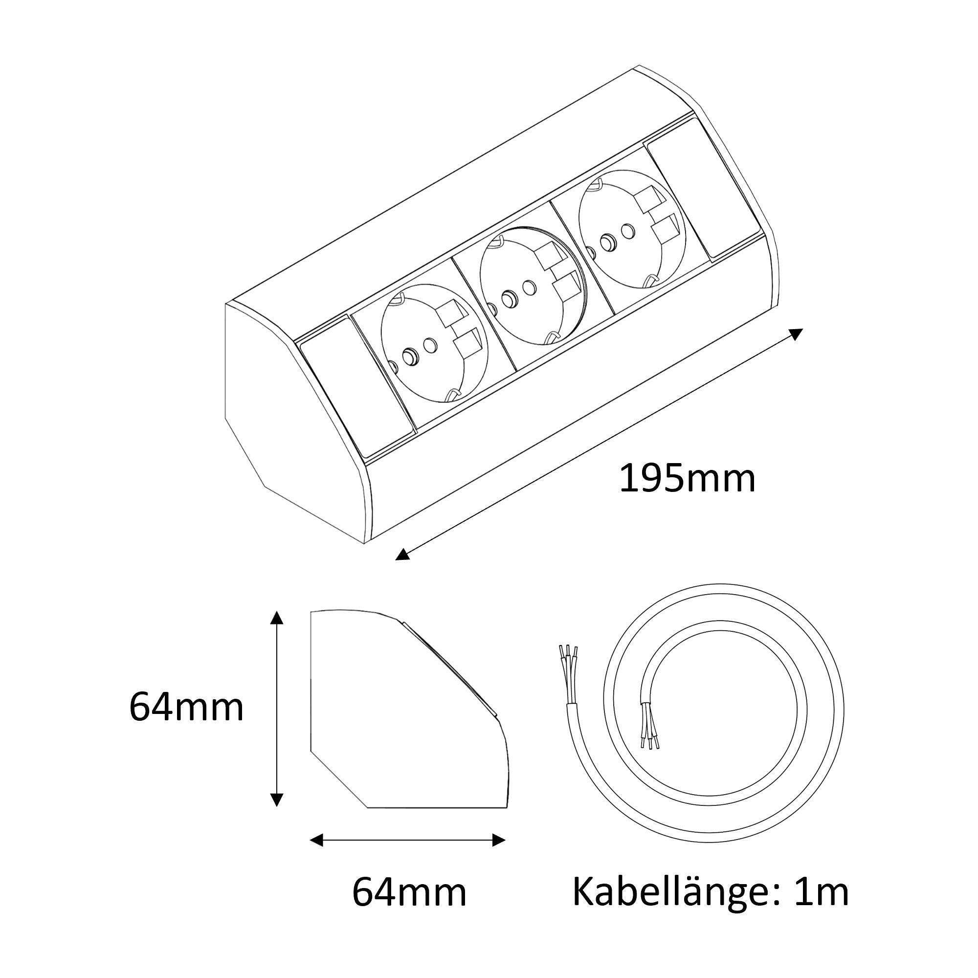 3-fach Steckdosenleiste in Schwarz für Ecken