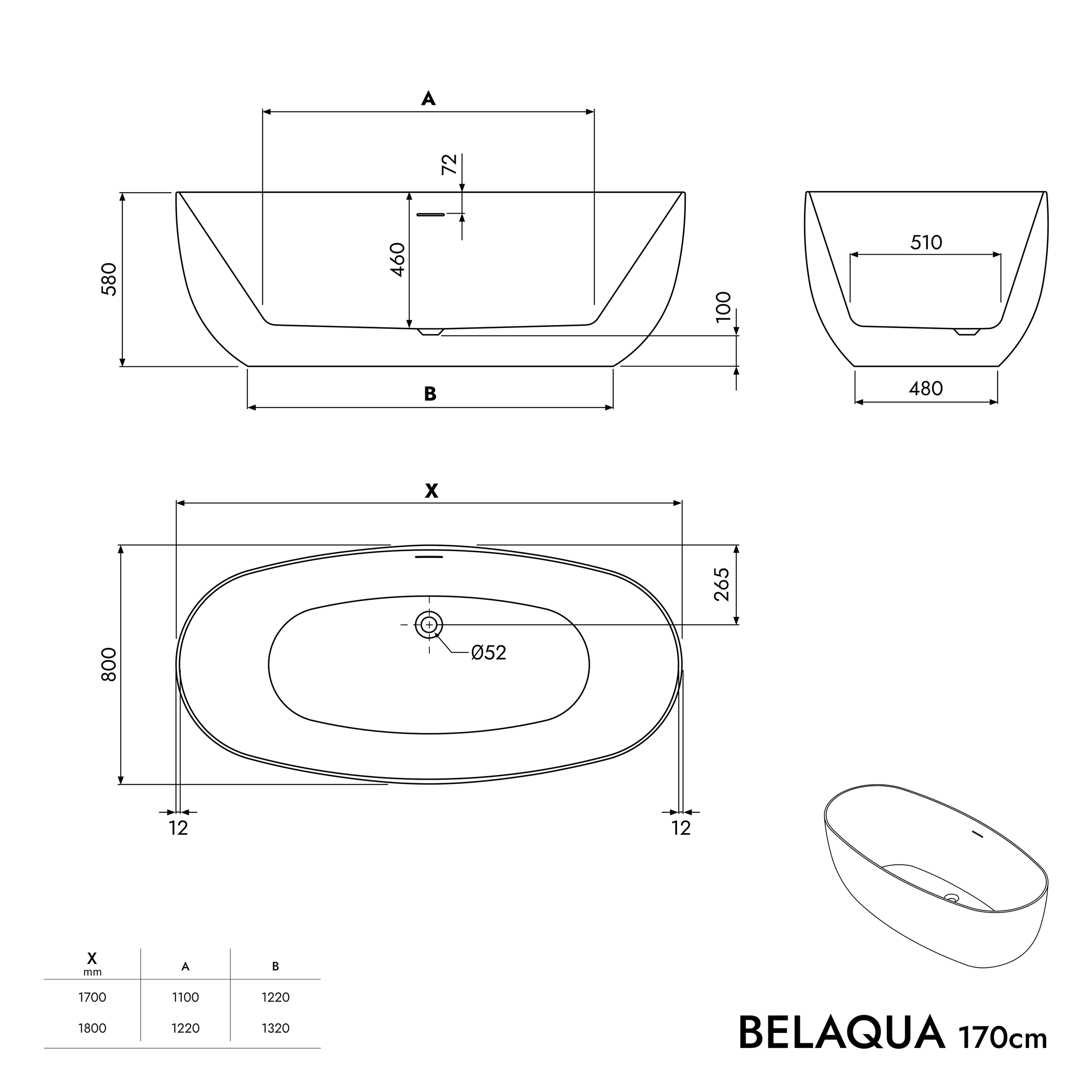 Freestanding bathtub BELAQUA 2.0 acrylic white shiny