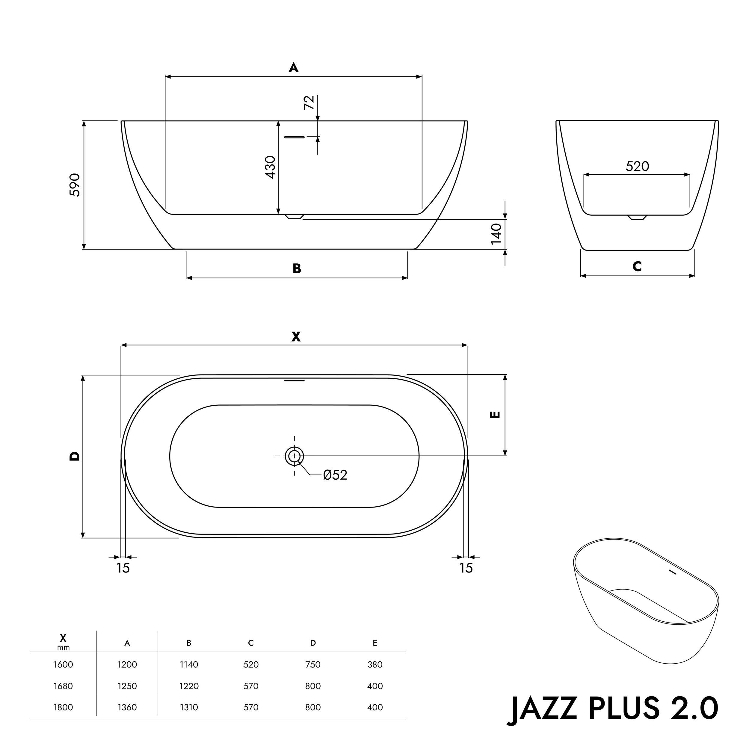 Vrijstaand bad JAZZ PLUS 2.0 acryl wit mat