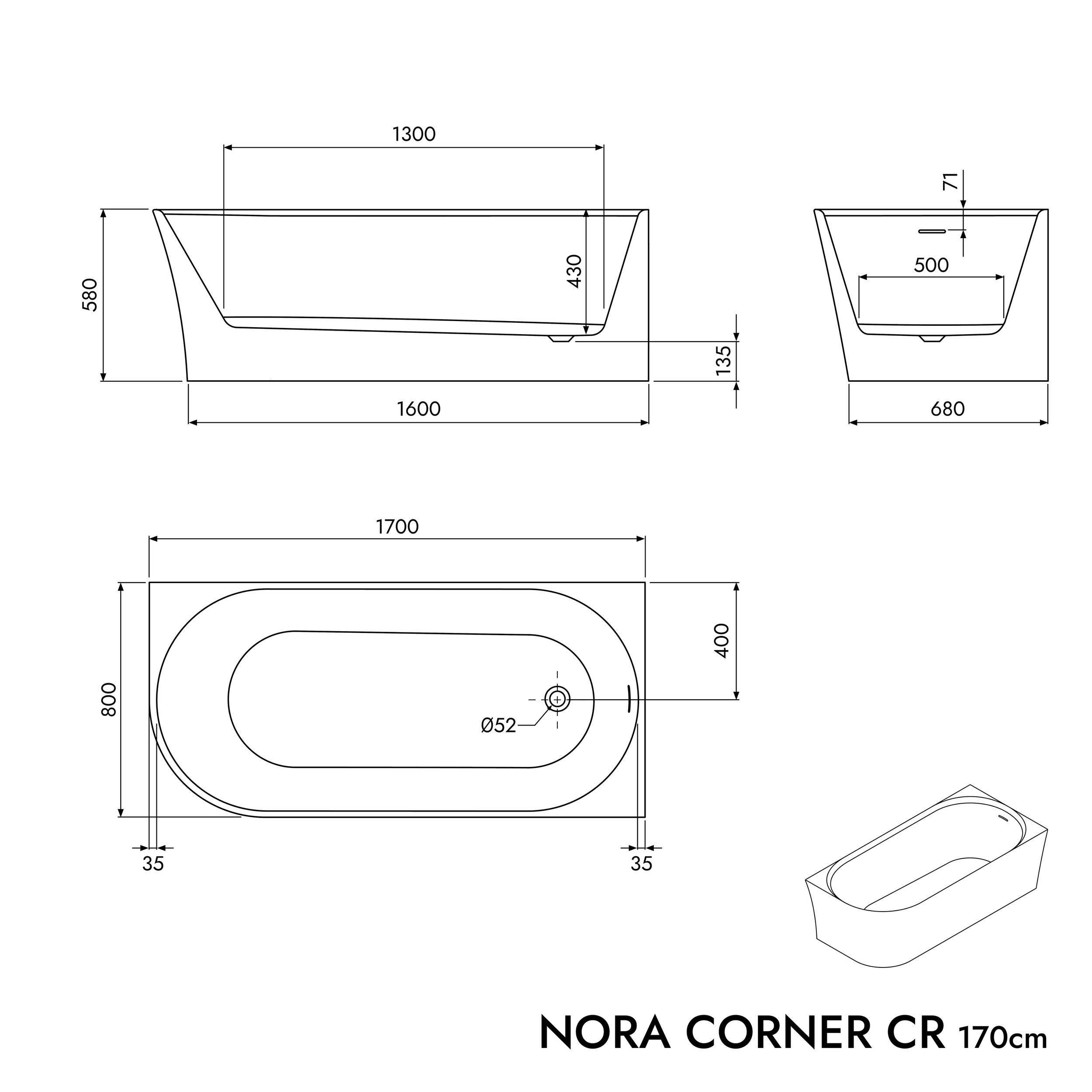 Half vrijstaande ruimtebesparende badkuip NORA CORNER Acryl Mat Wit