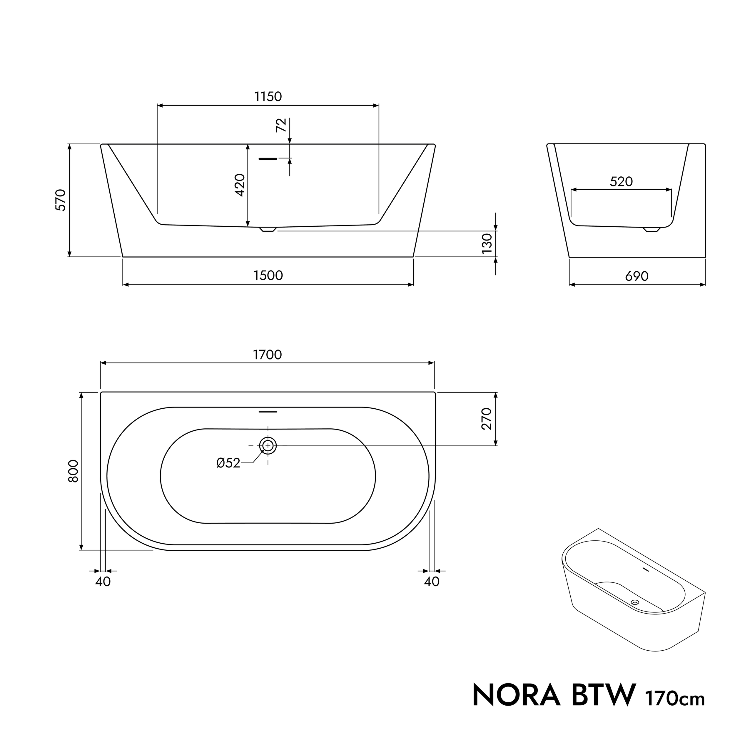 Semi-freestanding bathtub NORA