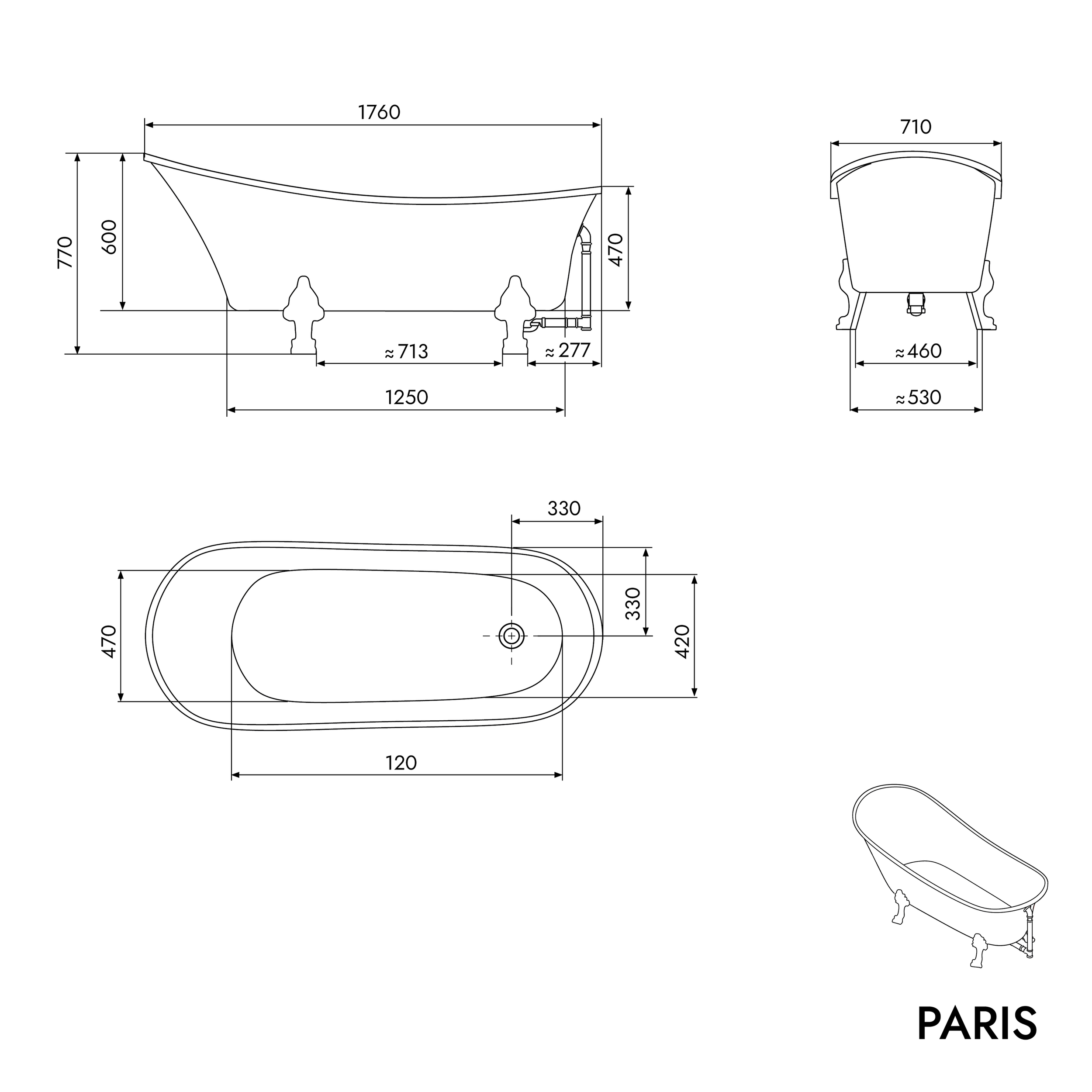 Baignoire îlot sur pieds PARIS 