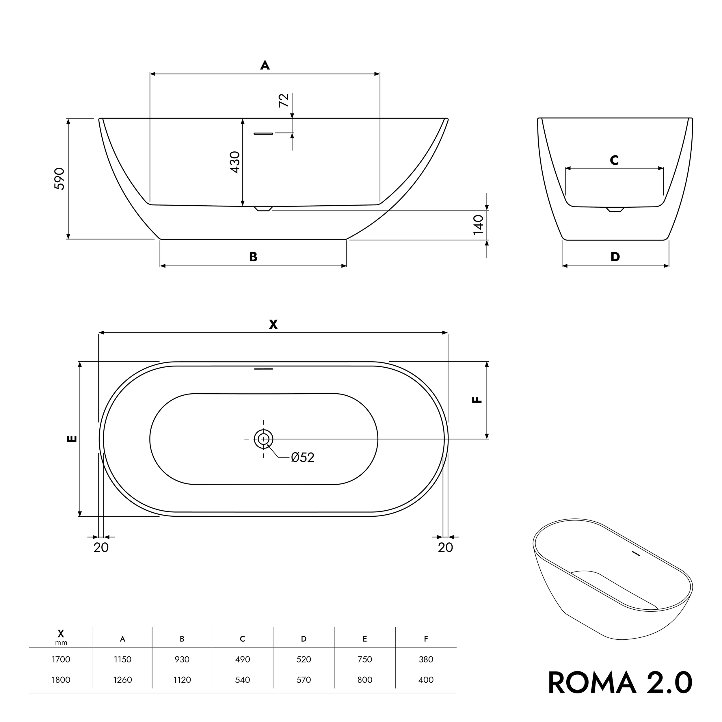 Baignoire îlot ROMA 2.0 acrylique blanc mat - 170 x 75 x 58 cm