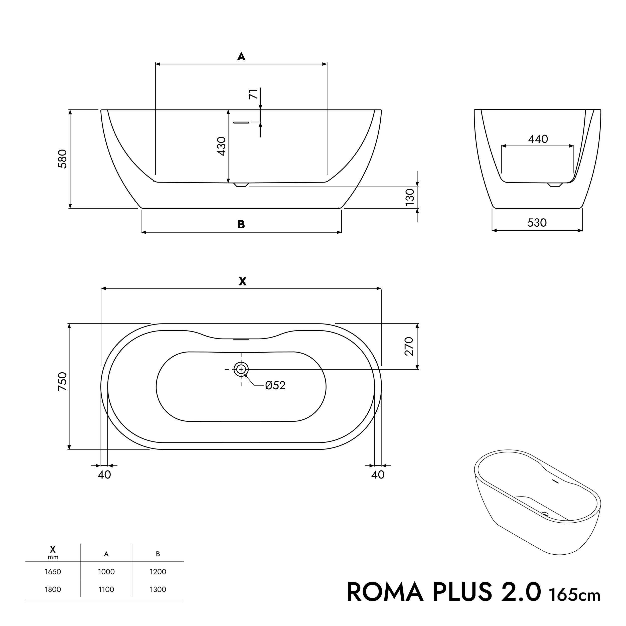 Baignoire îlot ROMA PLUS 2.0 acrylique blanc mat - 165 x 75 x 58 cm