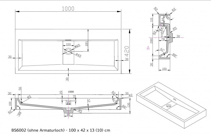 Wastafel voor wandmontage Opbouwwastafel BS6002 in gegoten marmer