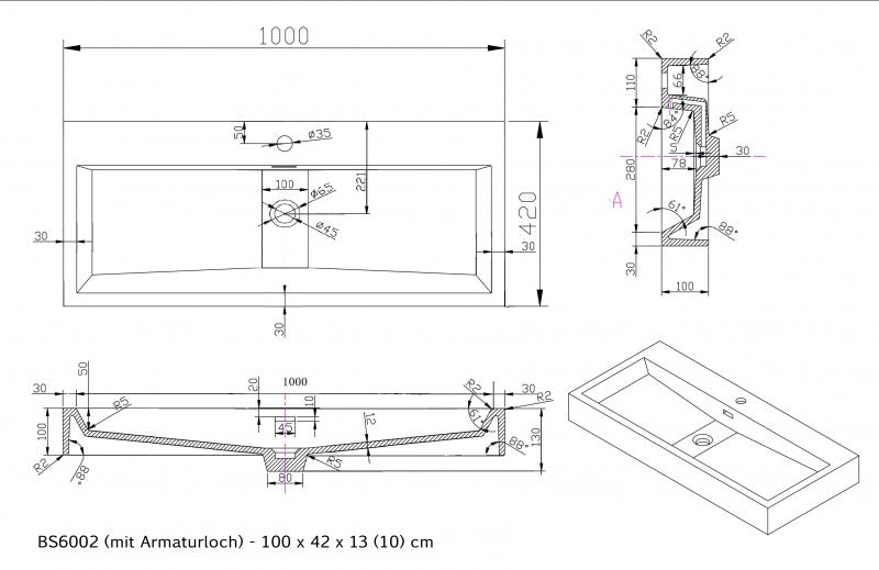 Wall-mounted washbasin Countertop washbasin BS6002 in cast marble