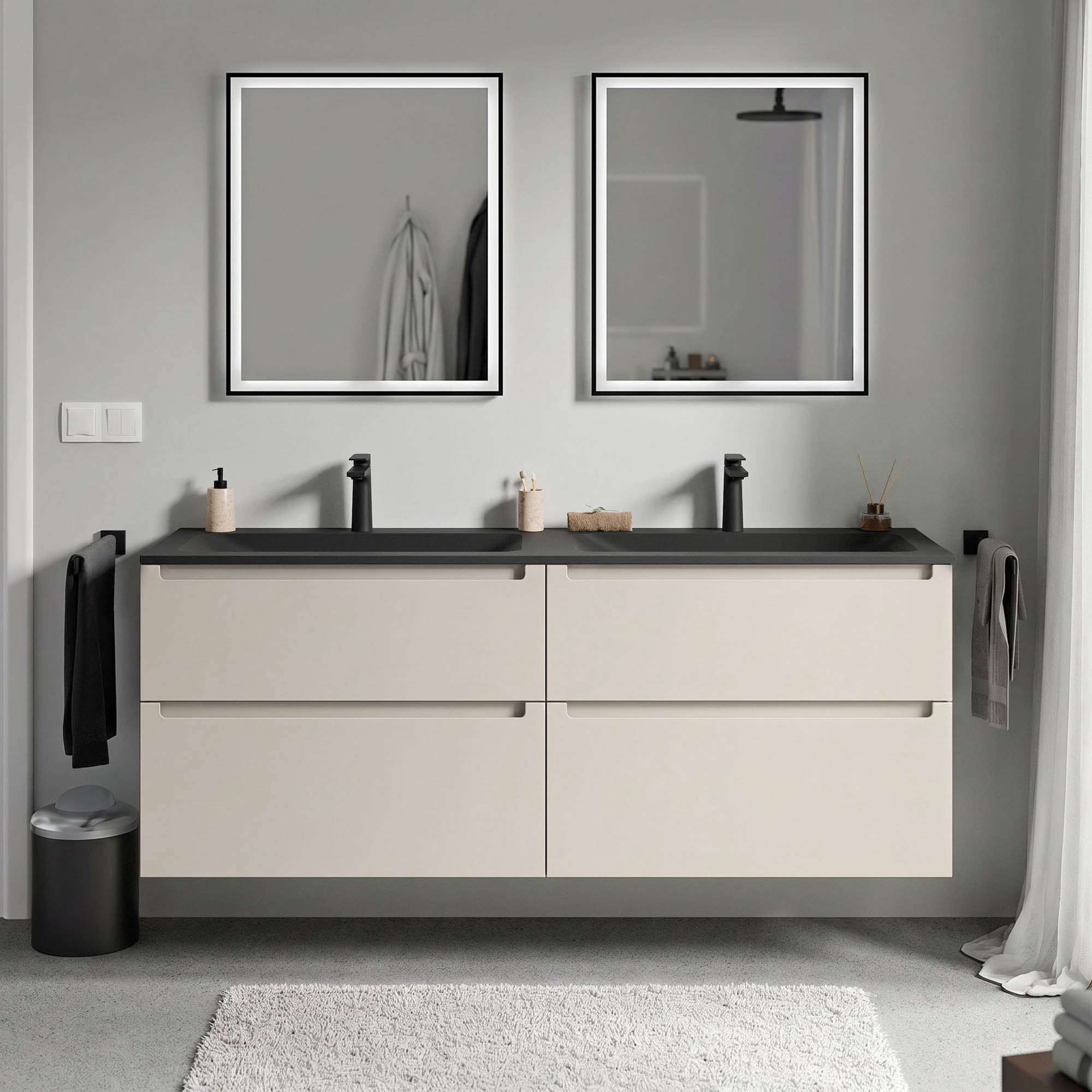 Meuble salle de bain VIREO 160 cm - avec vasque en fonte minérale CREAM - couleur au choix
