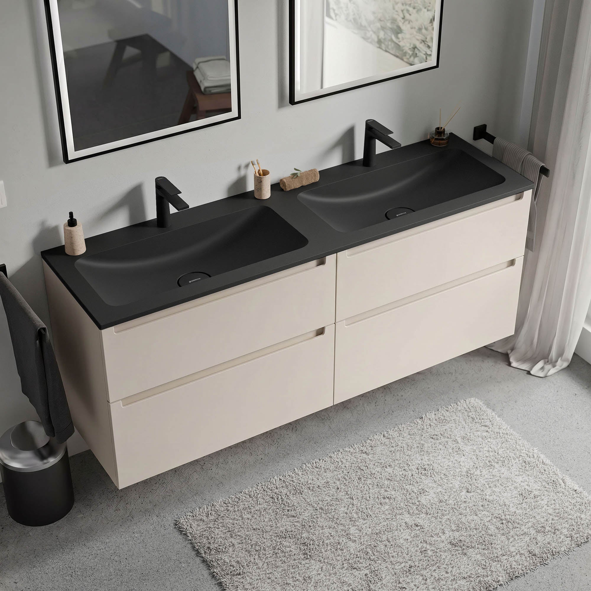 Meuble salle de bain VIREO 160 cm - avec vasque en fonte minérale CREAM - couleur au choix