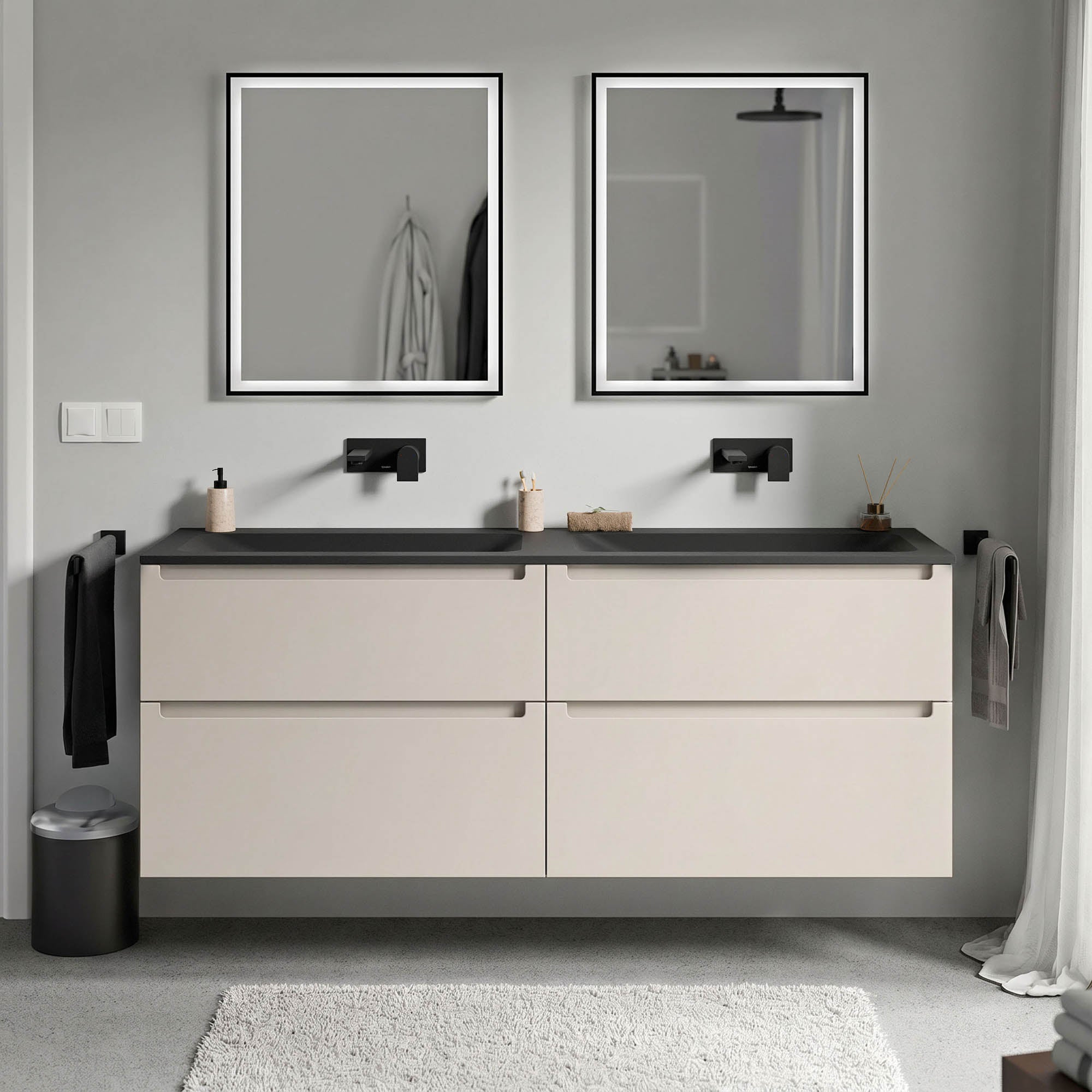 Meuble salle de bain VIREO 160 cm - avec vasque en fonte minérale CREAM - couleur au choix