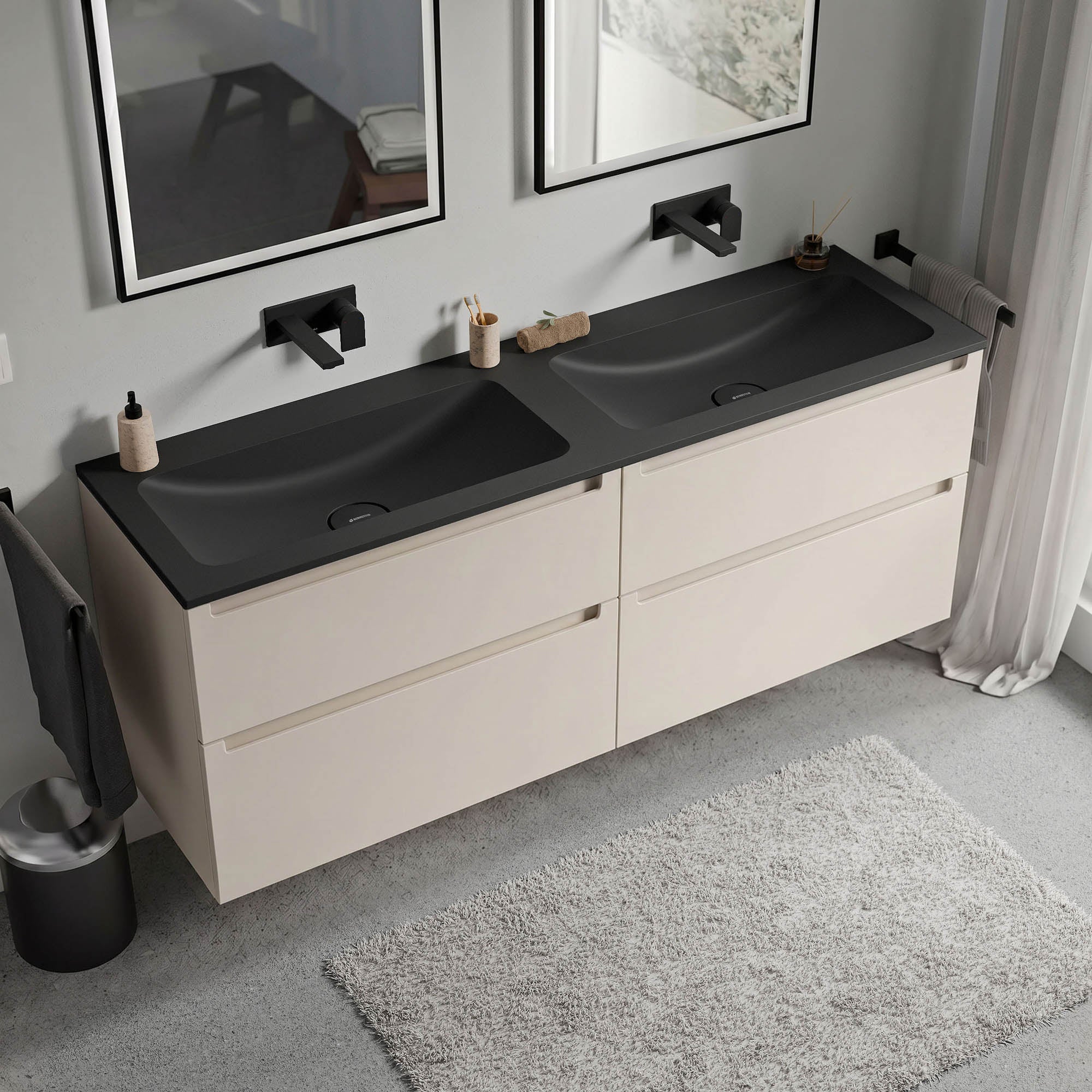 Meuble salle de bain VIREO 160 cm - avec vasque en fonte minérale CREAM - couleur au choix