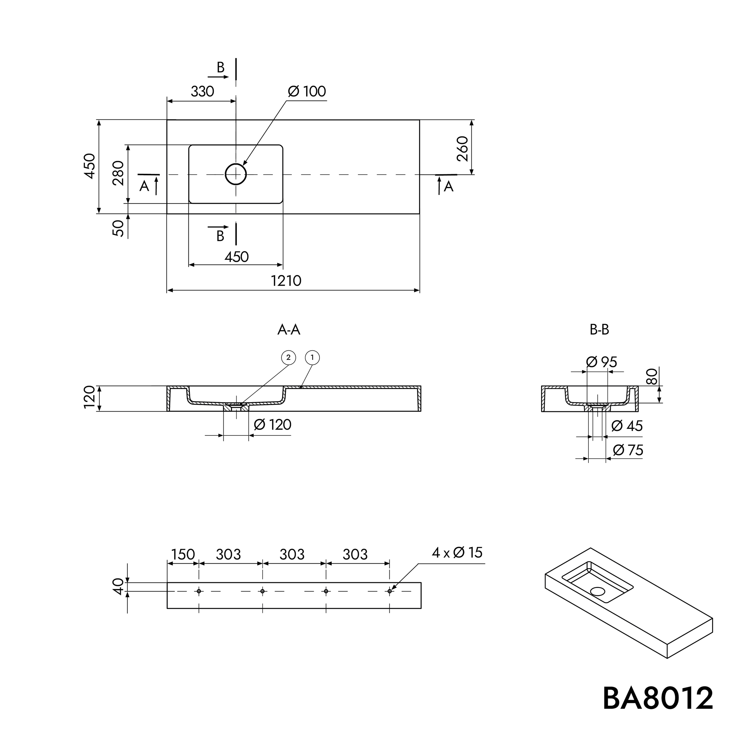 BA8012 wall-mounted washbasin in mineral cast