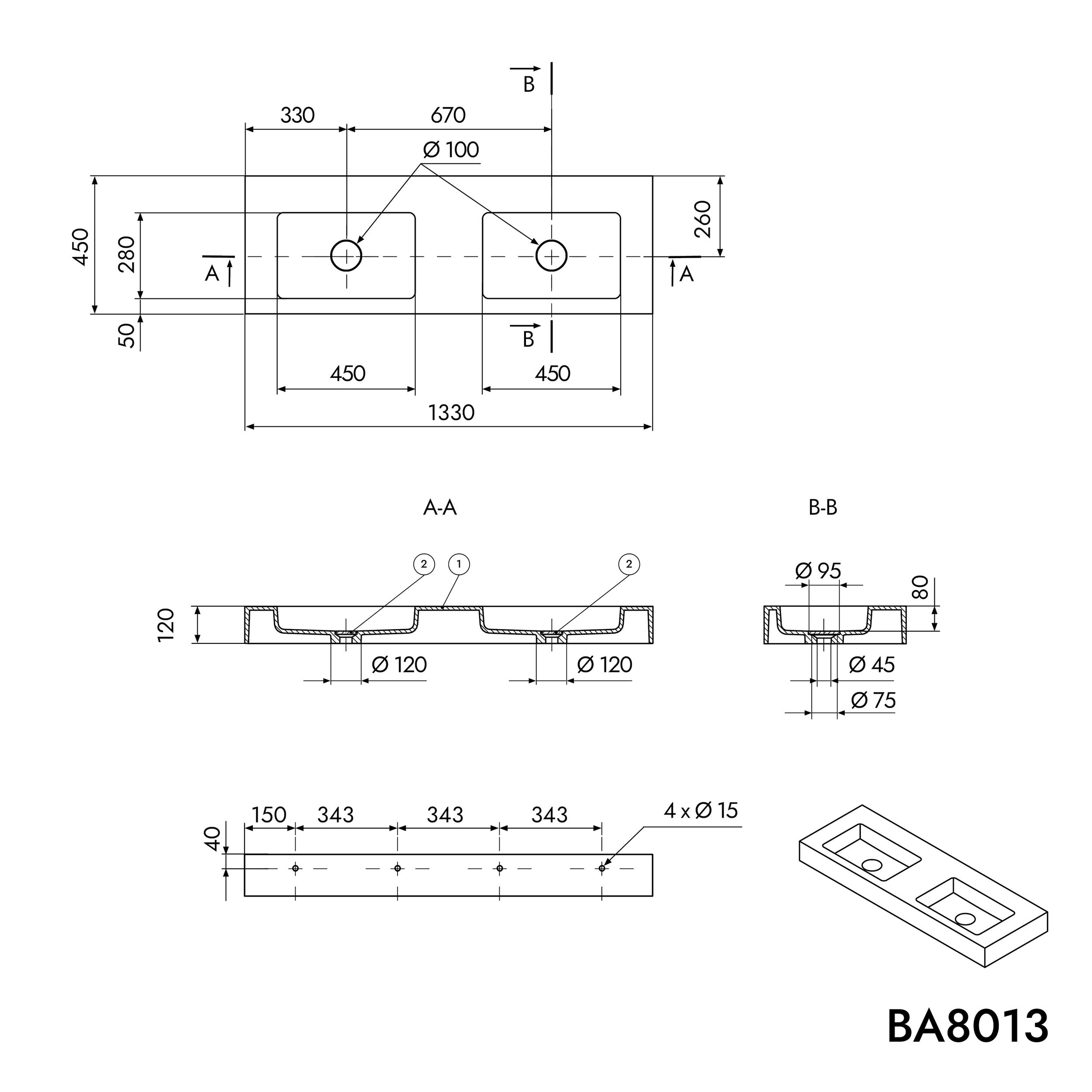 Vasque murale double BA8013 en fonte minérale