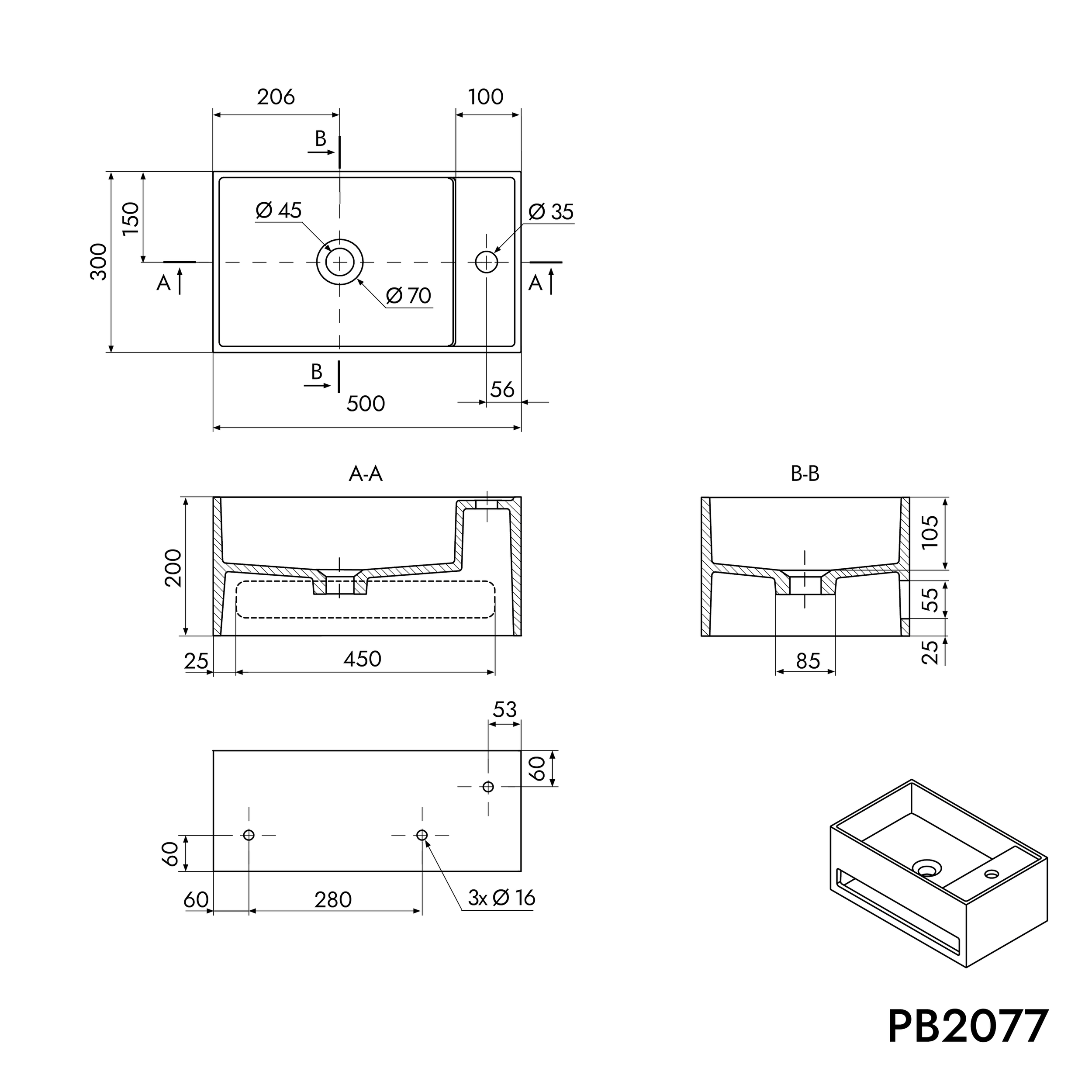 Mineral cast wall-mounted washbasin PB2077