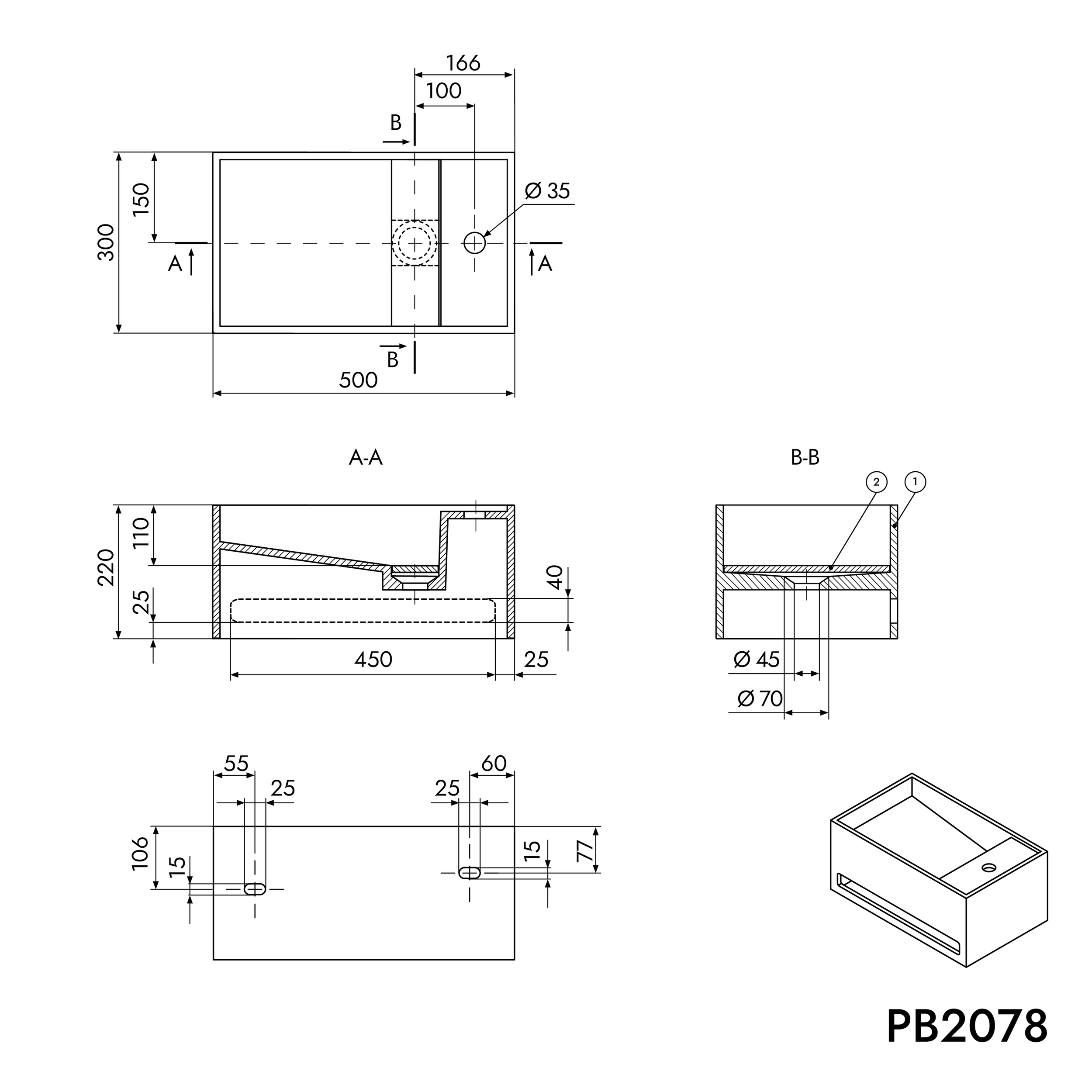 Mineral cast wall-mounted washbasin PB2078