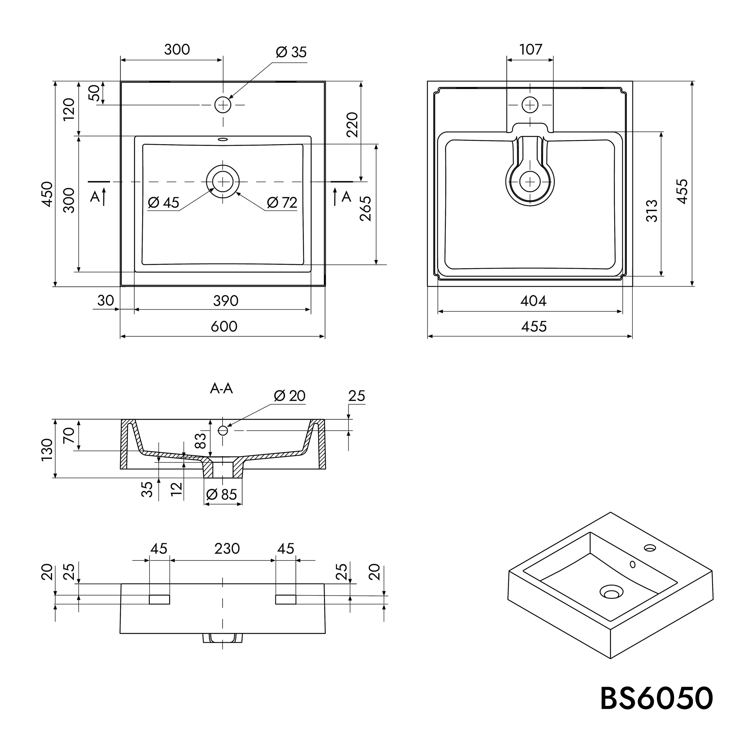 Wastafel voor wandmontage Aanrecht BS6050