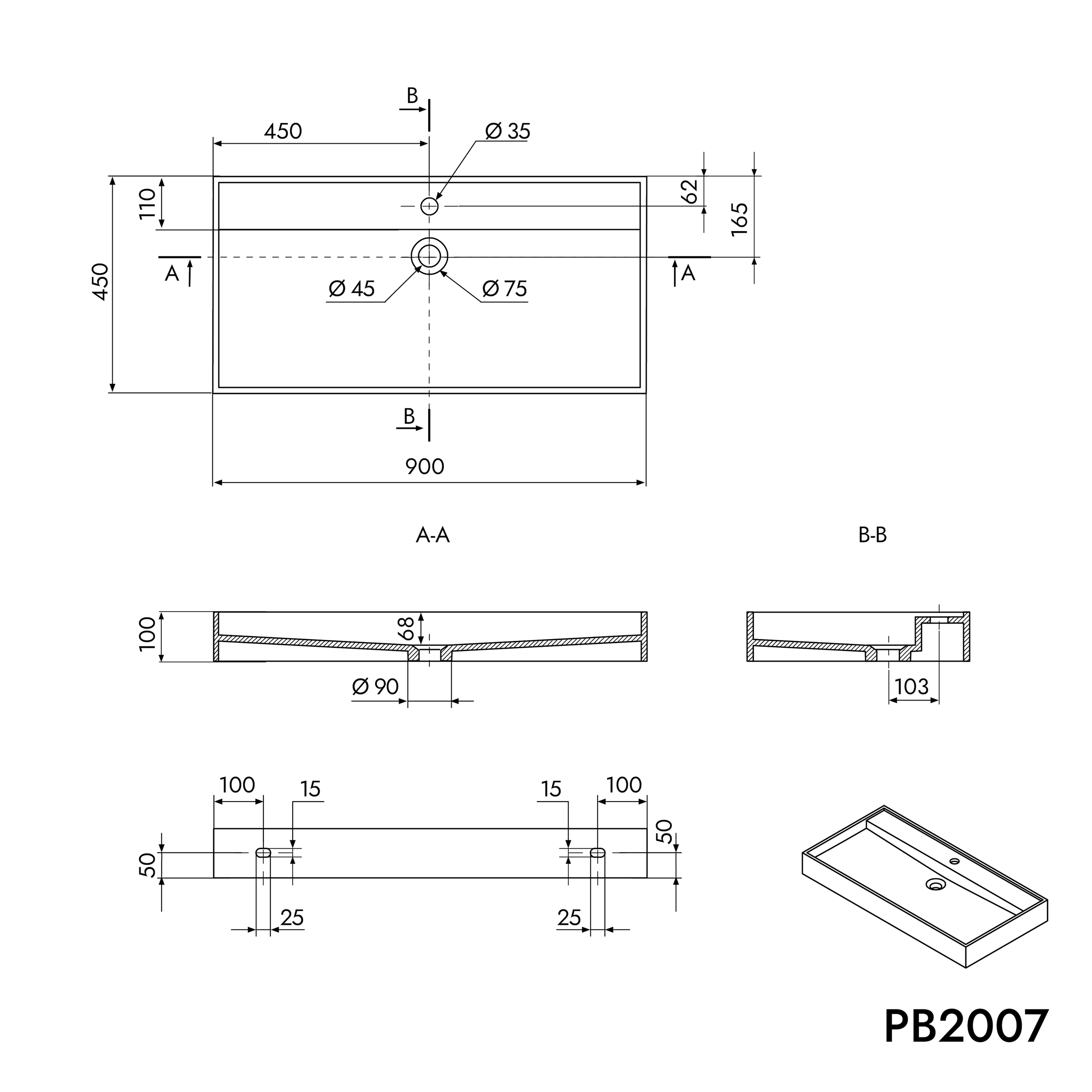 Wall-mounted or countertop washbasin PB2007 of solid surface (Solid Stone) – matt white –  90 x 45 x 10 cm