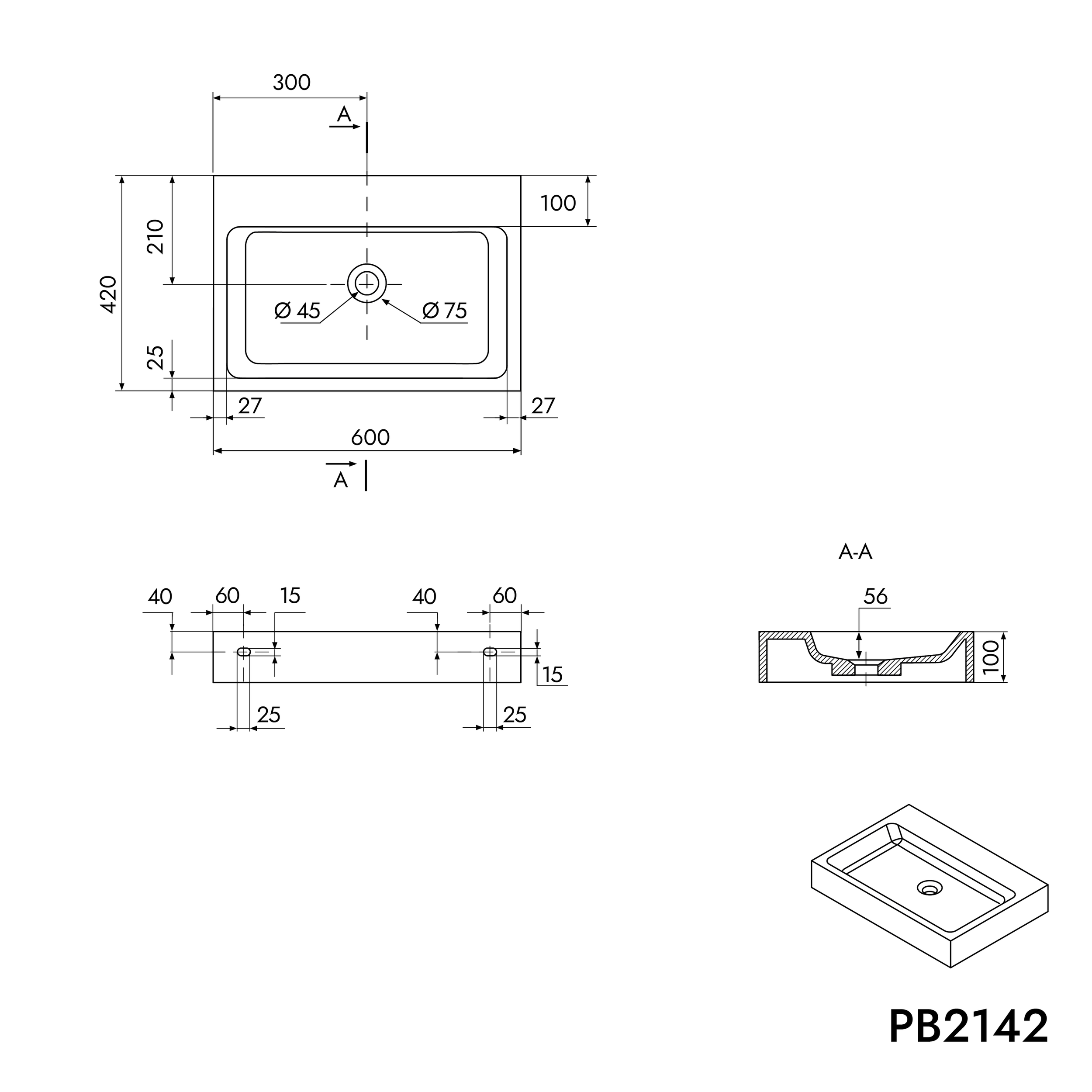 Wandwastafel PB2142 in mineraal gietwerk