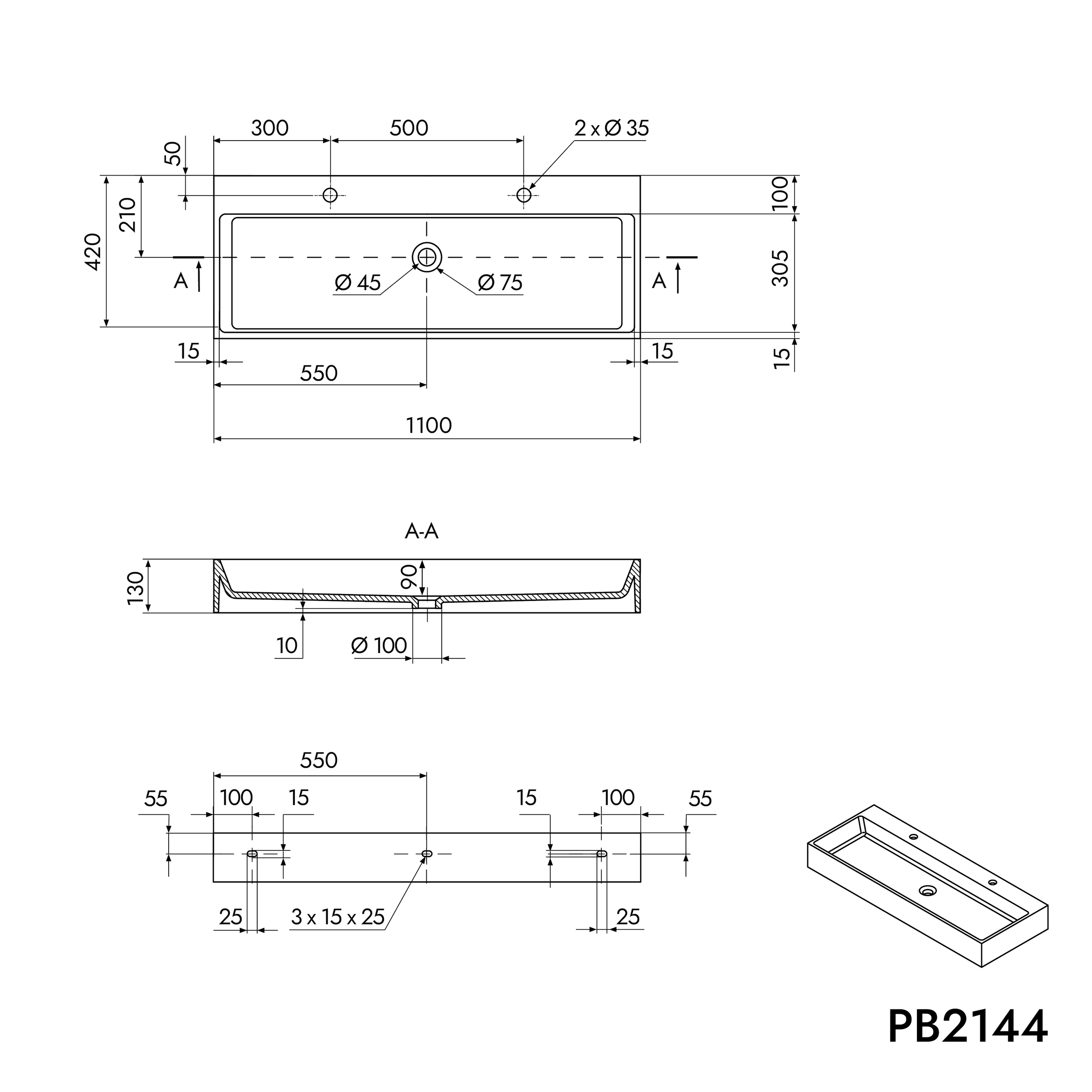 Aanrechtwastafel Wandwastafel PB2144-1