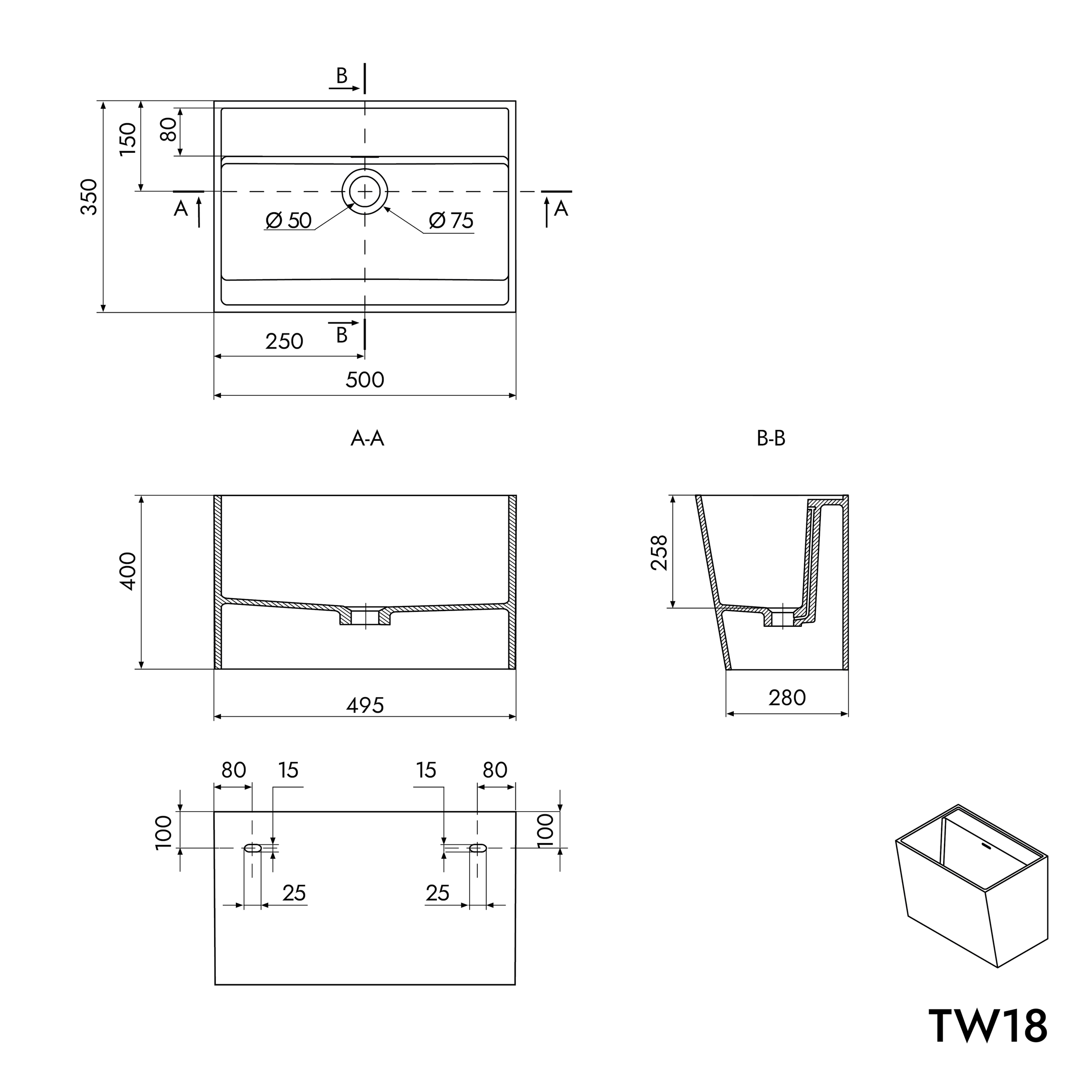 TW18 wall-mounted washbasin in mineral cast