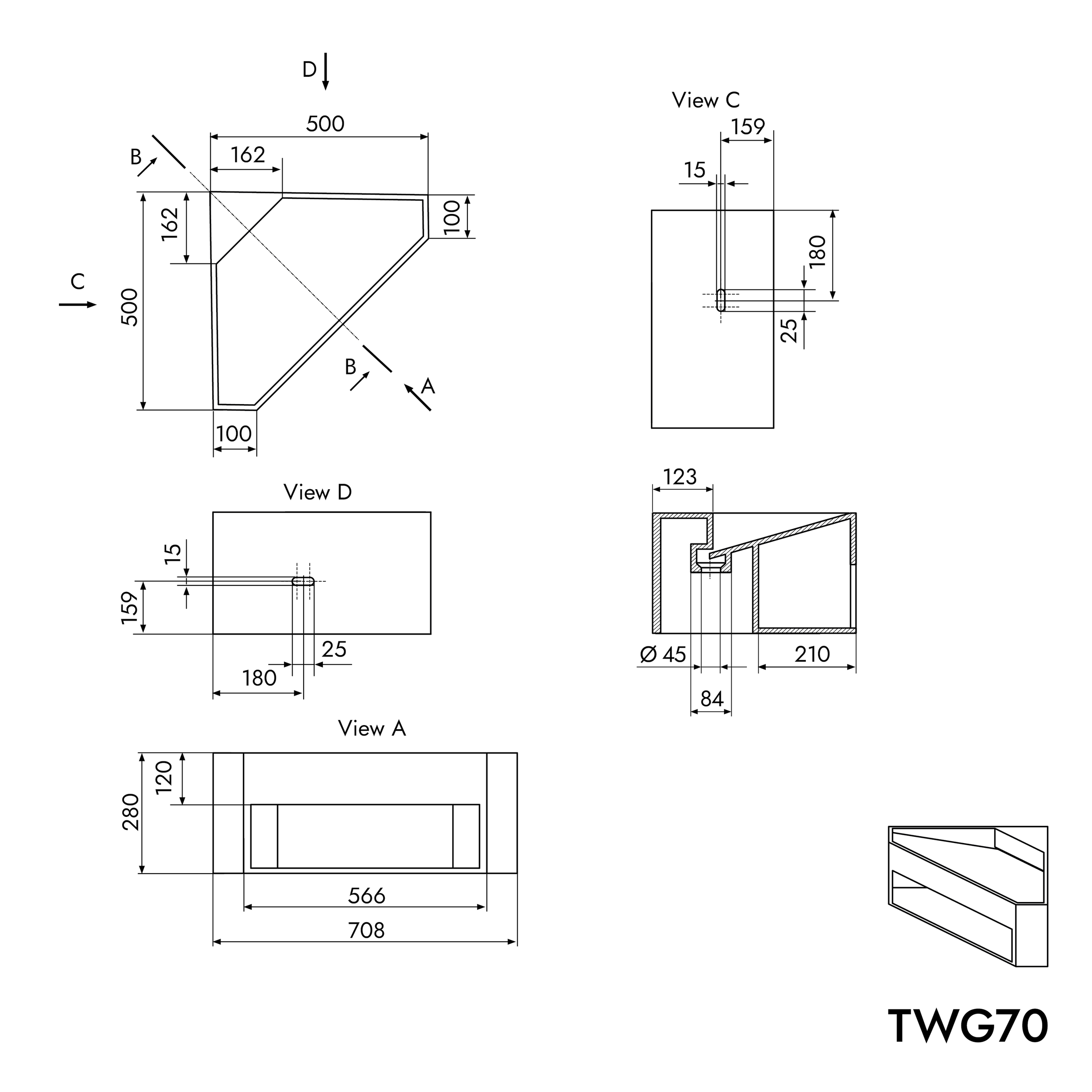 Hoekwastafel in Solid Surface TWG70