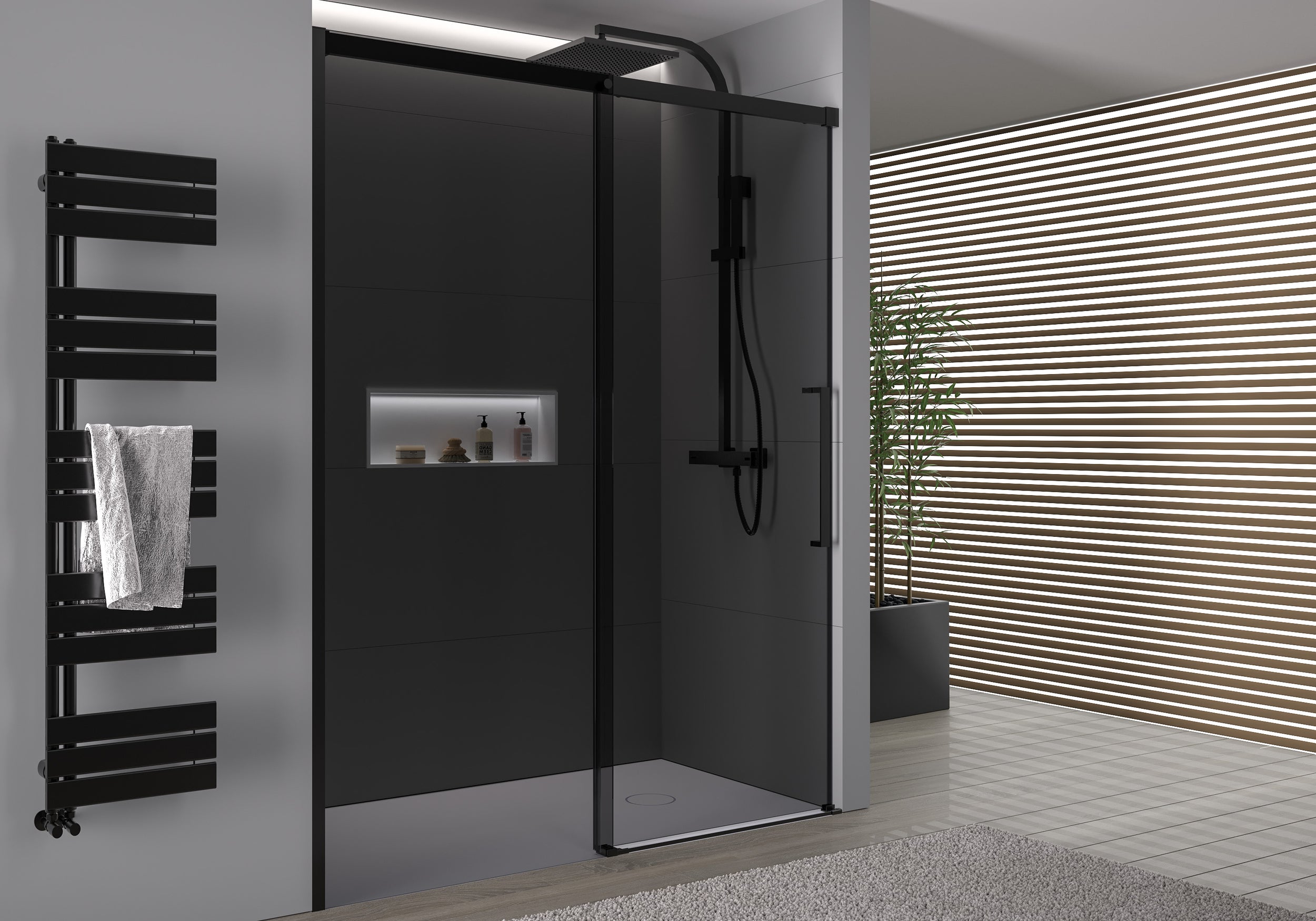 Matt Black Sliding Door Shower Enclosure DX906 FLEX - 8 mm Nano grey safety glass- selectable width 