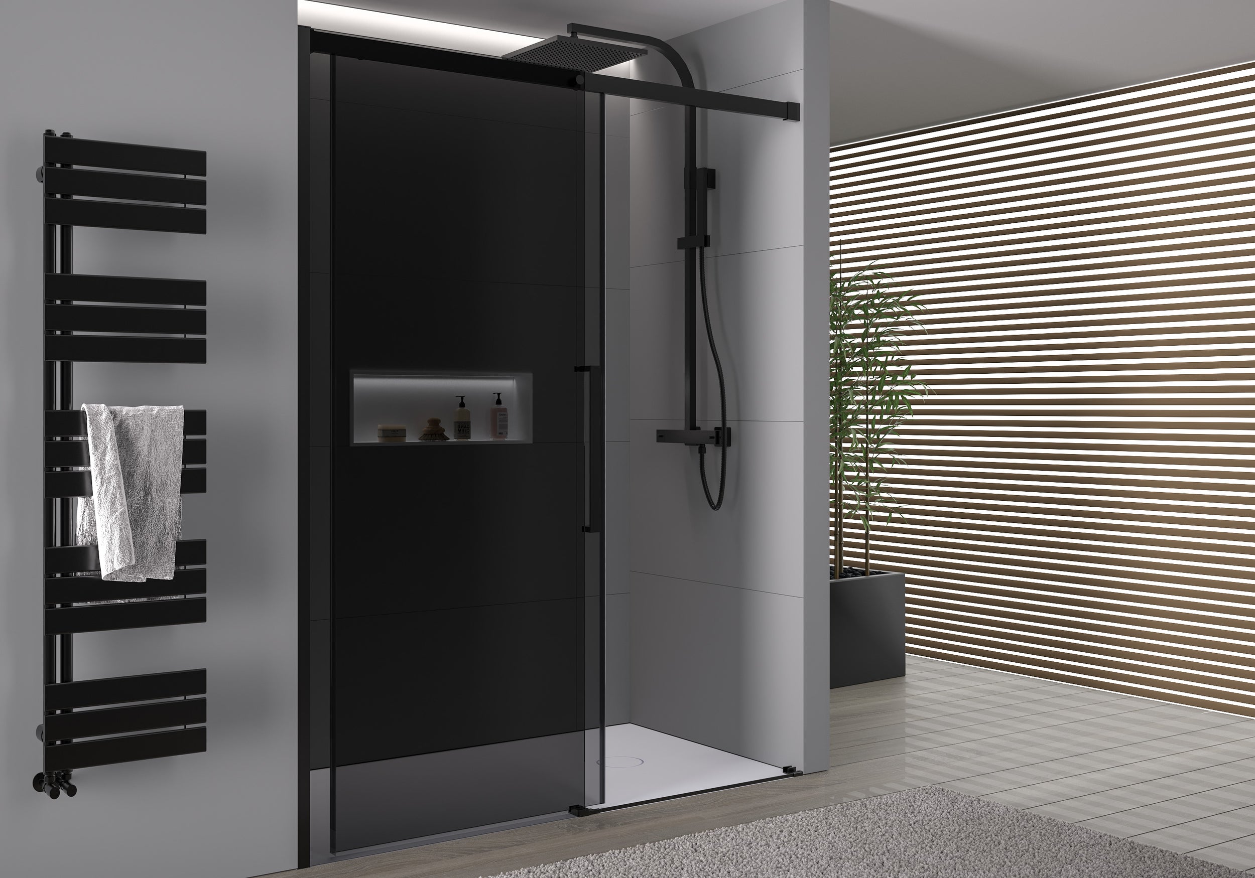 Matt Black Sliding Door Shower Enclosure DX906 FLEX - 8 mm Nano grey safety glass- selectable width 