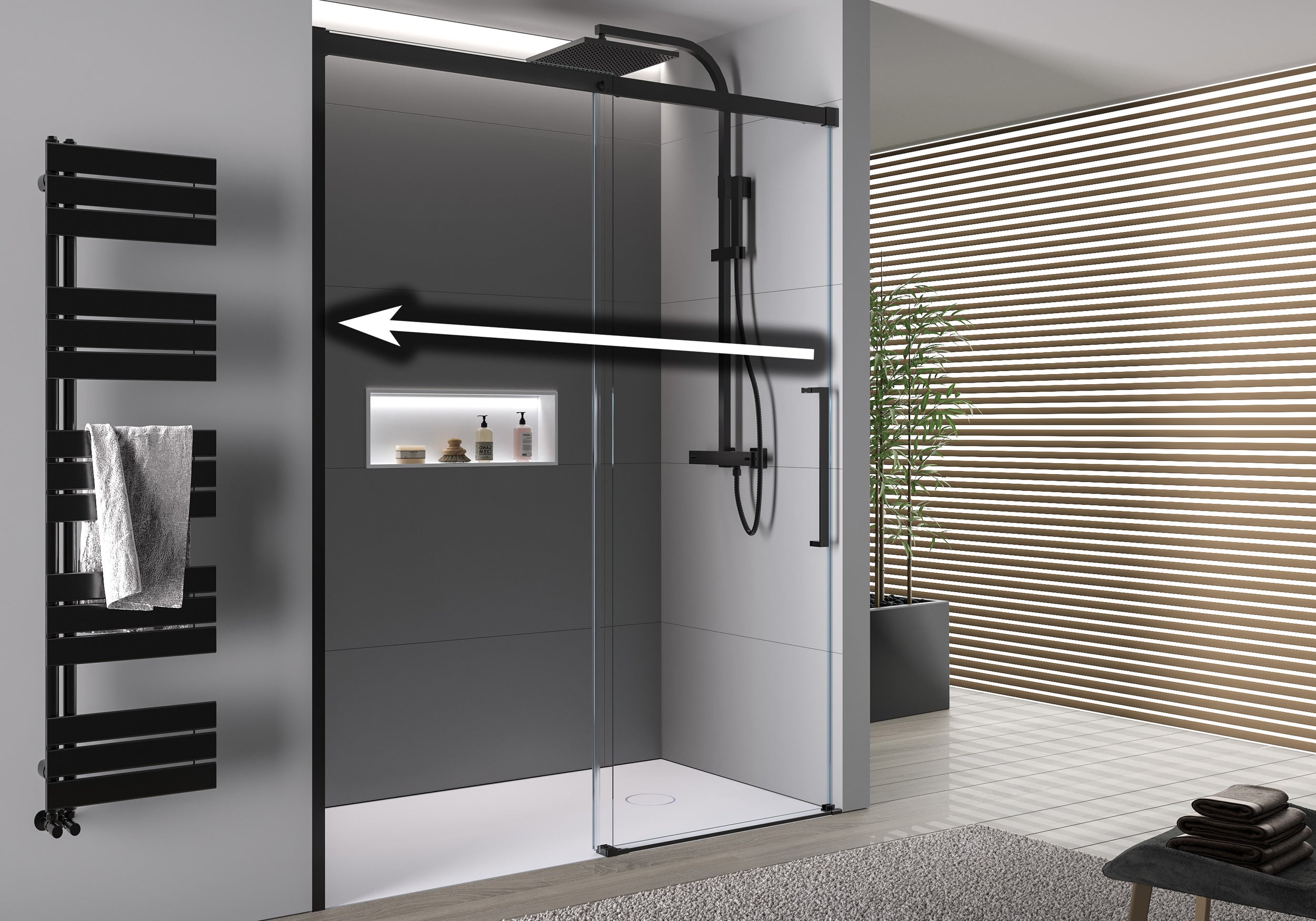 Soft-Close Sliding Door Shower Enclosure DX906 FLEX - Matt Black profiles - 8 mm Nano glass - selectable width 