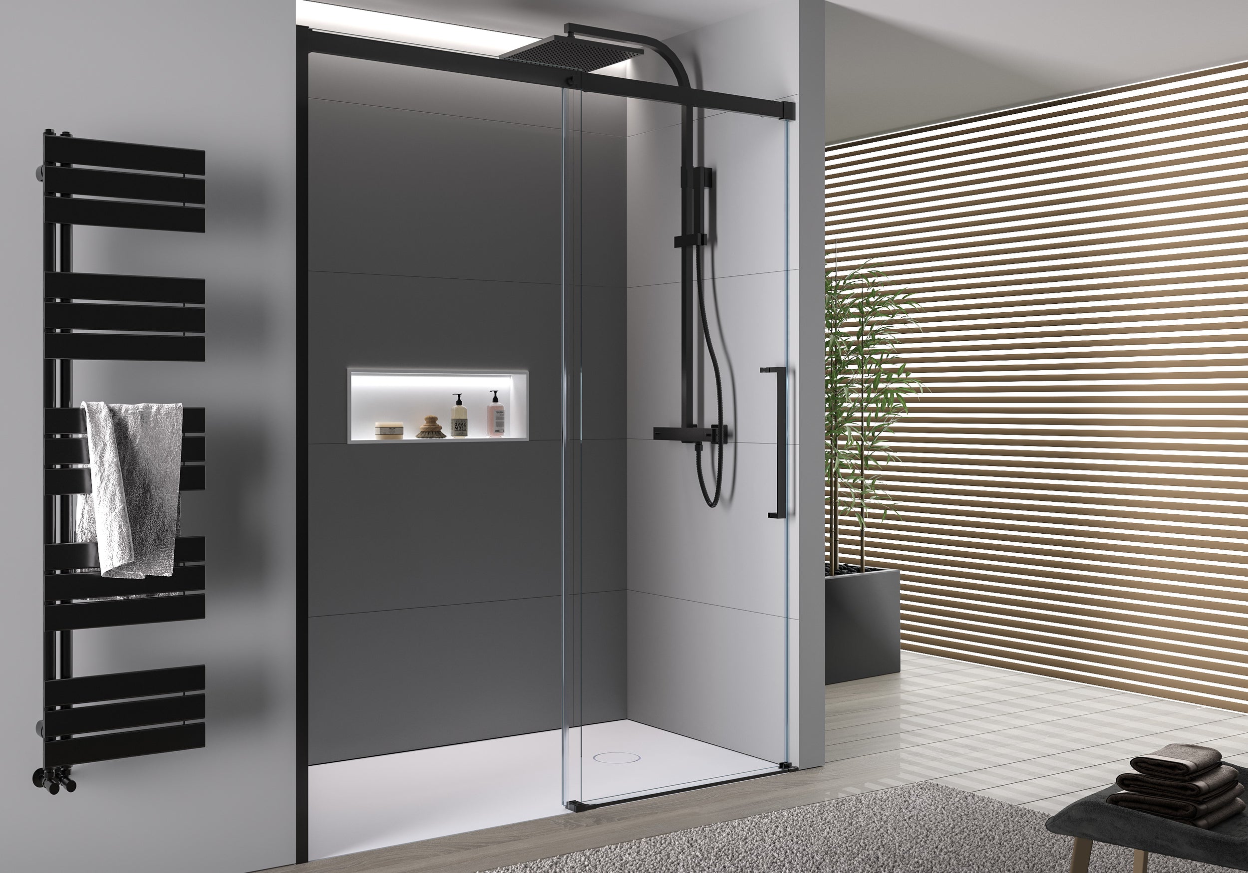 Soft-Close Sliding Door Shower Enclosure DX906 FLEX - Matt Black profiles - 8 mm Nano glass - selectable width 