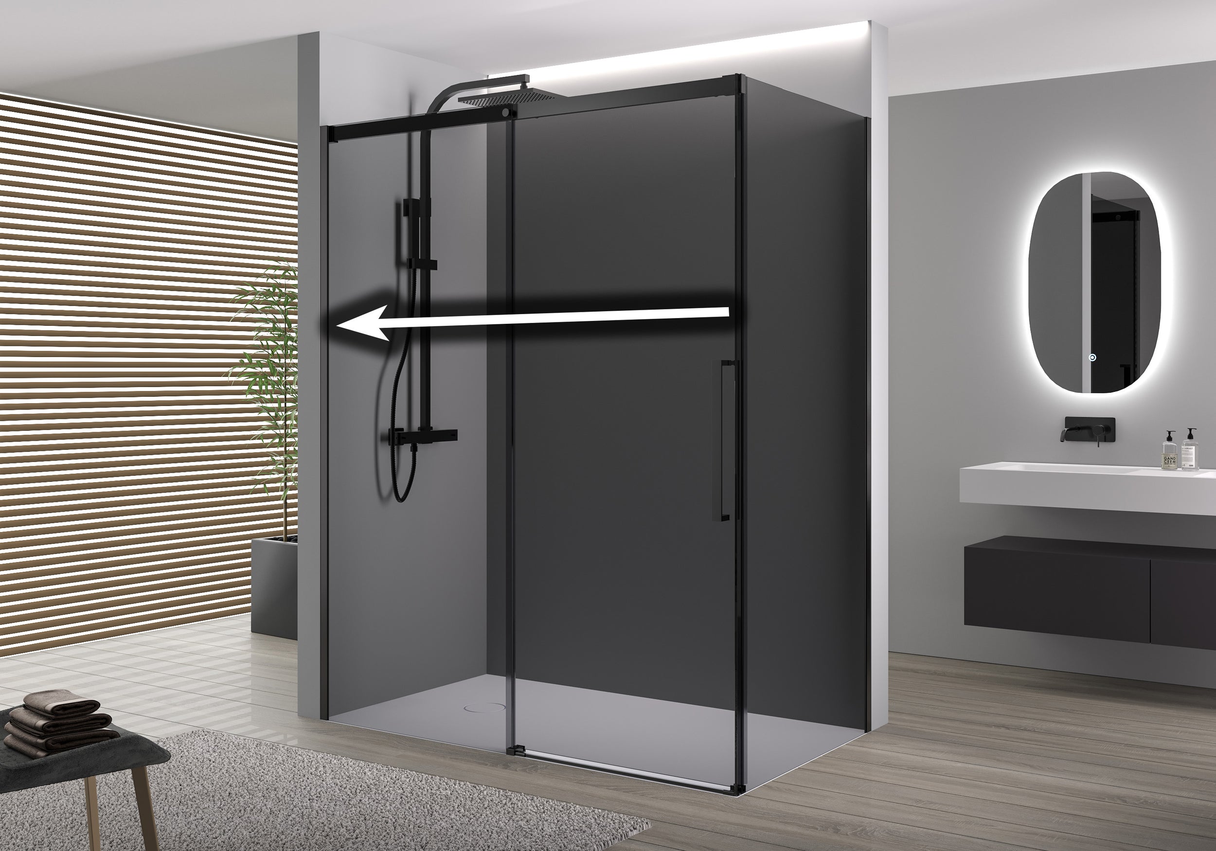 Corner shower with Soft-Close sliding door DX906 FLEX Black matt - 8 mm Nano grey glass - selectable width