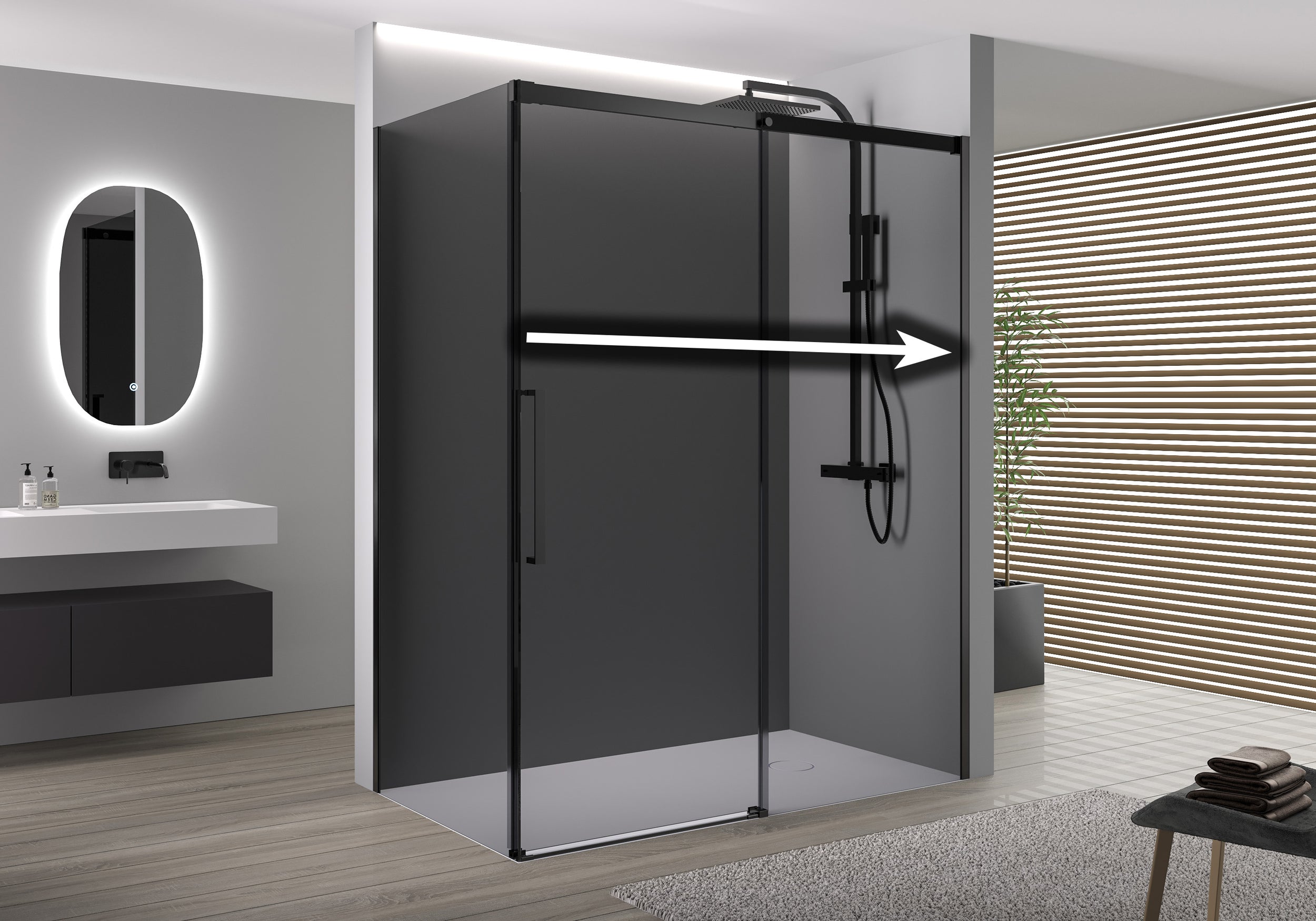 Paroi de douche d'angle avec porte coulissante DX906 FLEX noir mat - Verre nano 8mm - largeur au choix