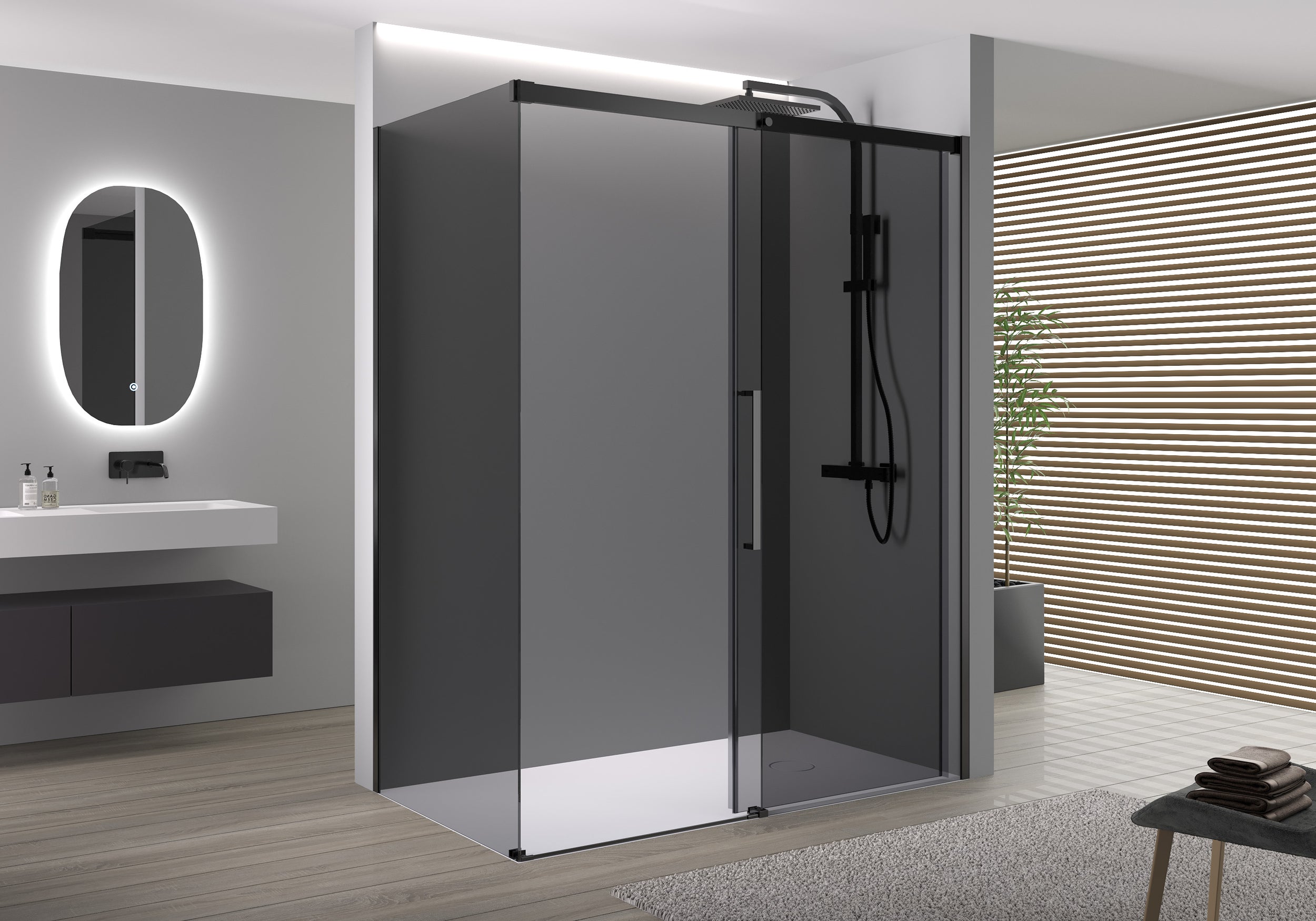 Corner shower with Soft-Close sliding door DX906 FLEX Black matt - 8 mm Nano grey glass - selectable width