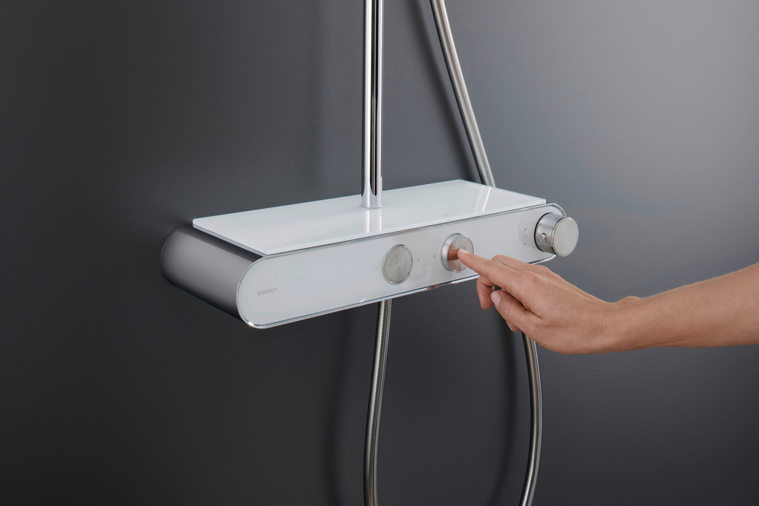 Duravit Shower System mit Thermostat, Glasablage, 3 Strahlarten und MinusFlow-Funktion – Chrom/Weiß