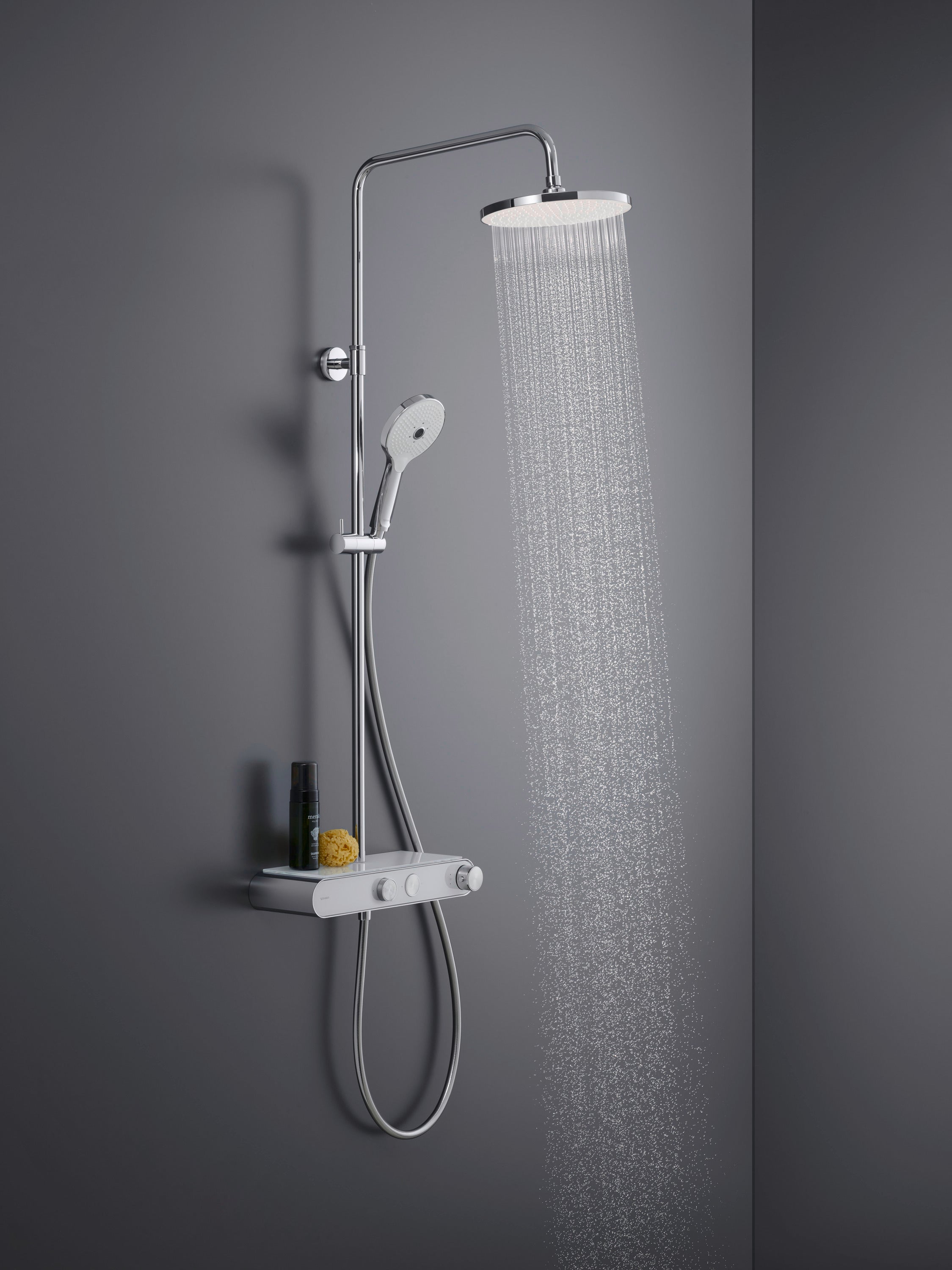 Duravit Shower System mit Thermostat, Glasablage, 3 Strahlarten und MinusFlow-Funktion – Chrom/Weiß