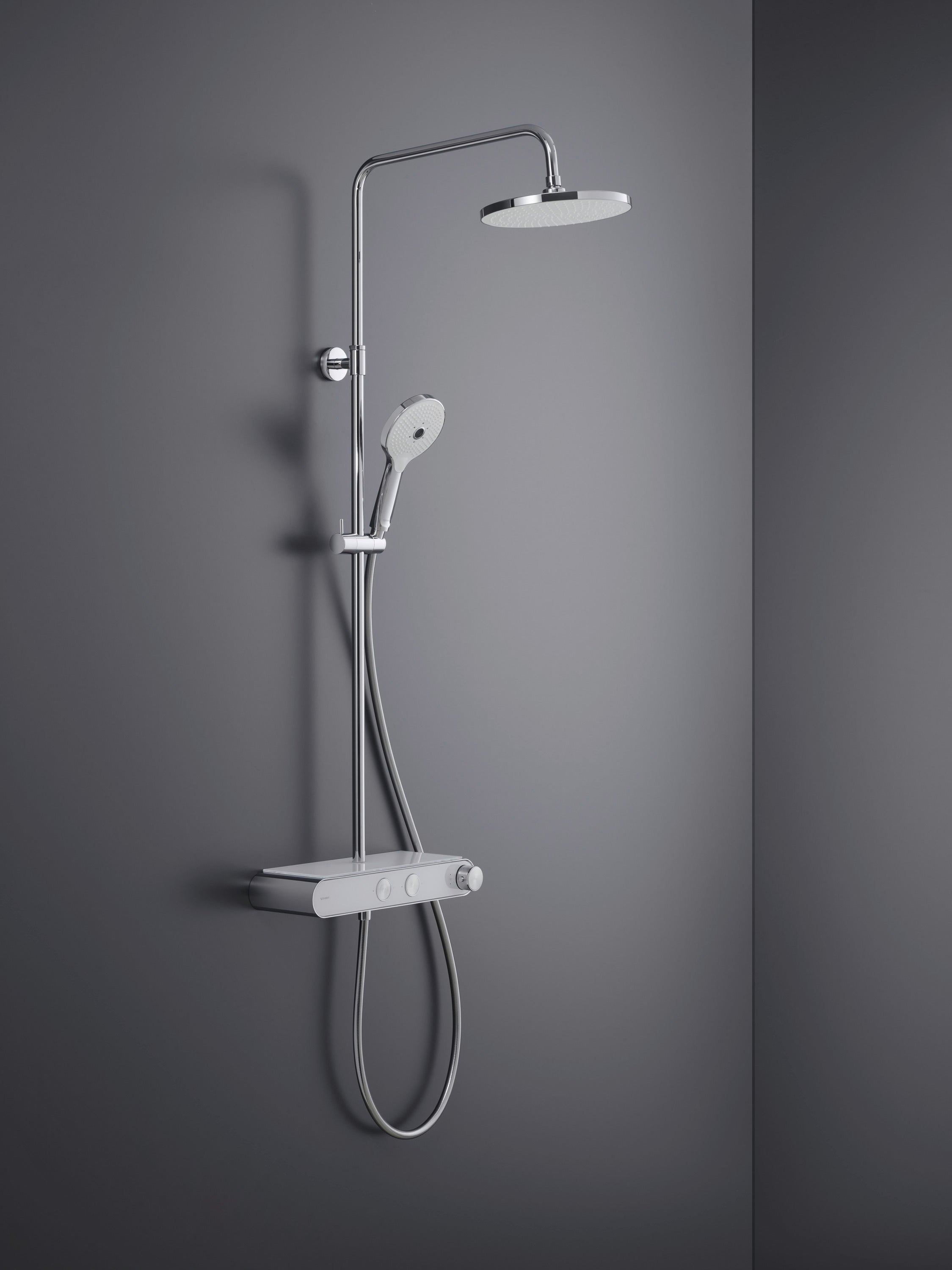 Duravit Shower System mit Thermostat, Glasablage, 3 Strahlarten und MinusFlow-Funktion – Chrom/Weiß