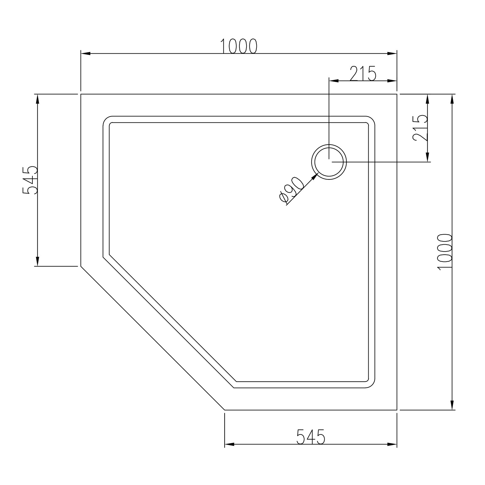 Vijfhoekige douchebak 100 x 100 cm met afvoer