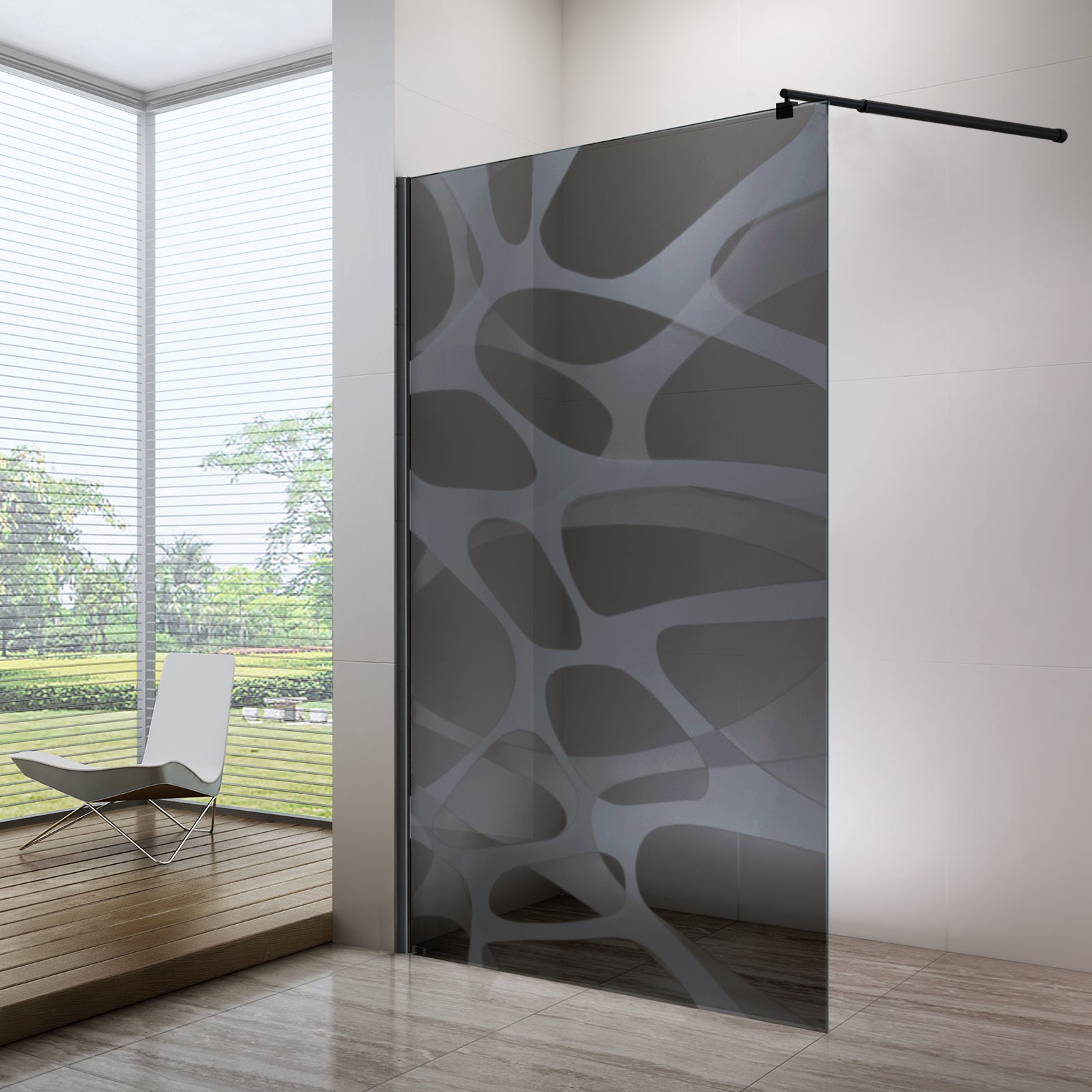 Nano coated Walk-in shower enclosure EX101  - 10mm tempered glass with Black/Grey Wave pattern - selectable width