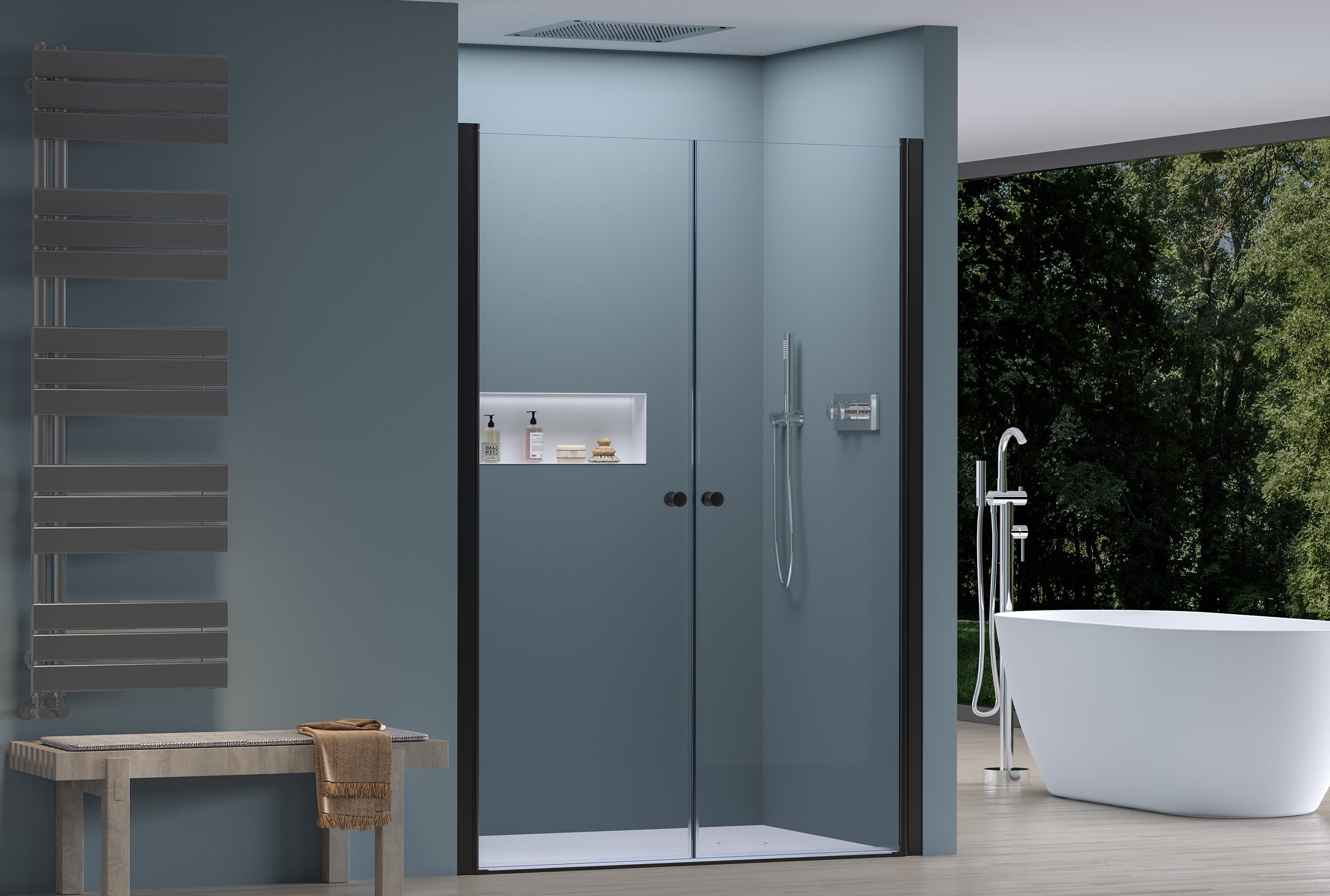 Paroi de douche en niche NT218 - avec portes à double battant - couleur et largeur au choix